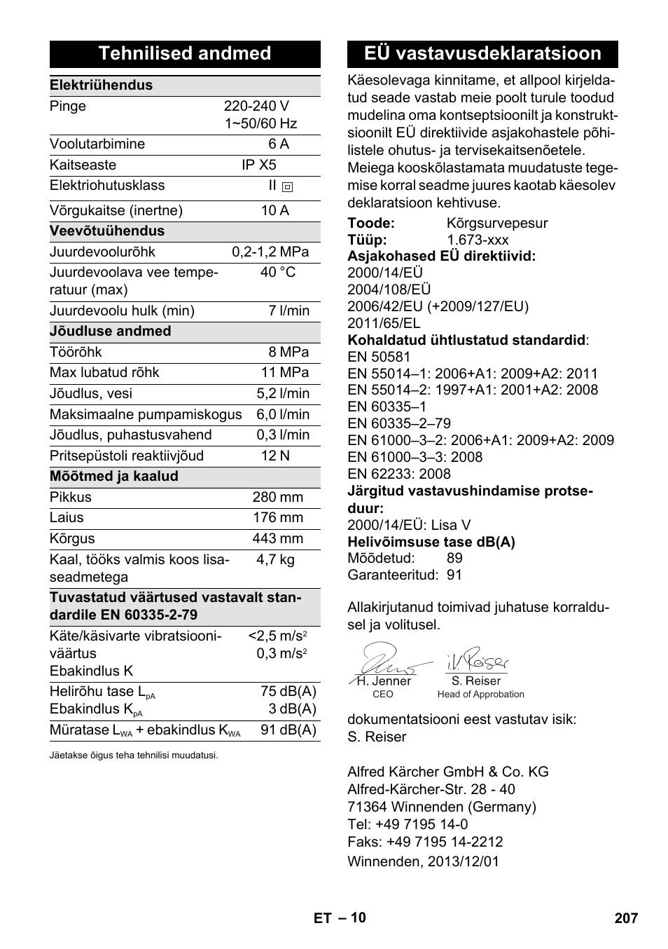 Tehnilised andmed, Eü vastavusdeklaratsioon | Karcher K 2 Compact Car User Manual | Page 207 / 244