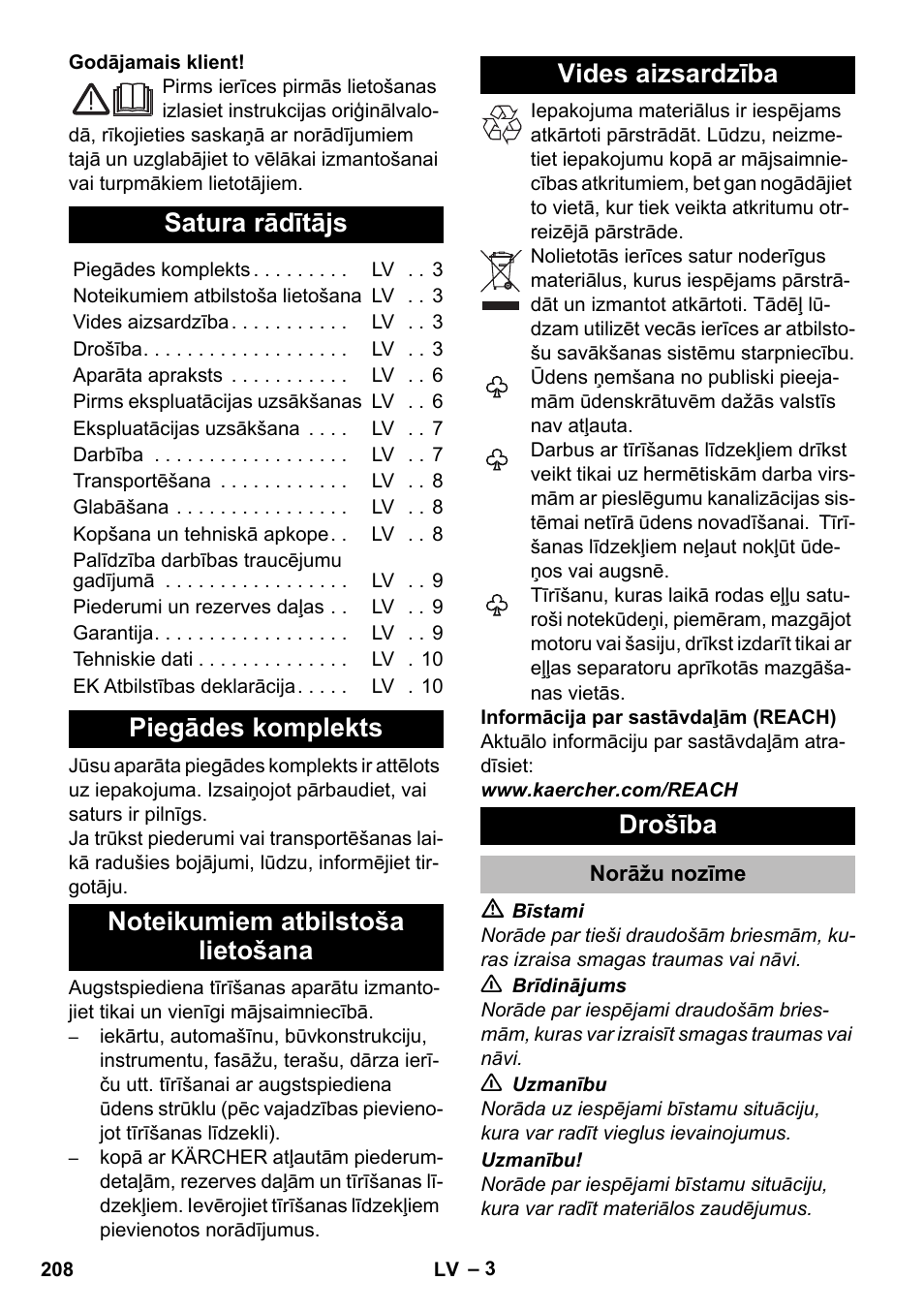 Latviešu, Satura rādītājs, Piegādes komplekts | Noteikumiem atbilstoša lietošana, Vides aizsardzība, Drošība, Norāžu nozīme | Karcher K 2 Compact Car User Manual | Page 208 / 244