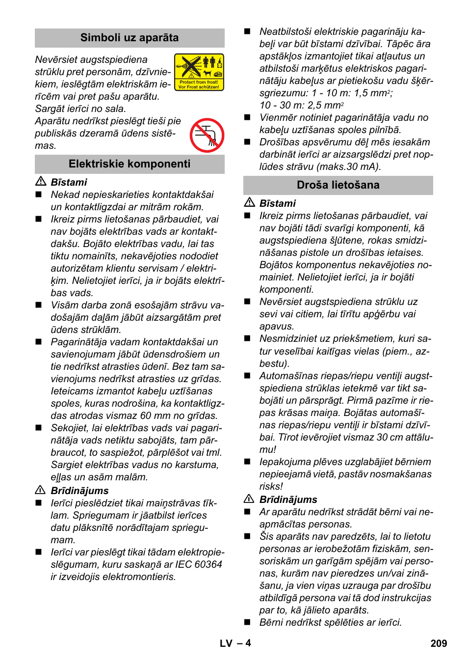 Simboli uz aparāta, Elektriskie komponenti, Droša lietošana | Karcher K 2 Compact Car User Manual | Page 209 / 244