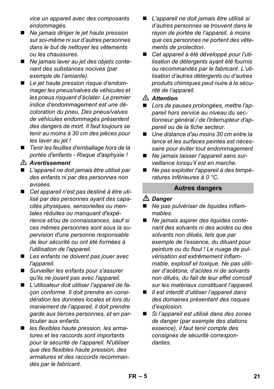 Autres dangers | Karcher K 2 Compact Car User Manual | Page 21 / 244