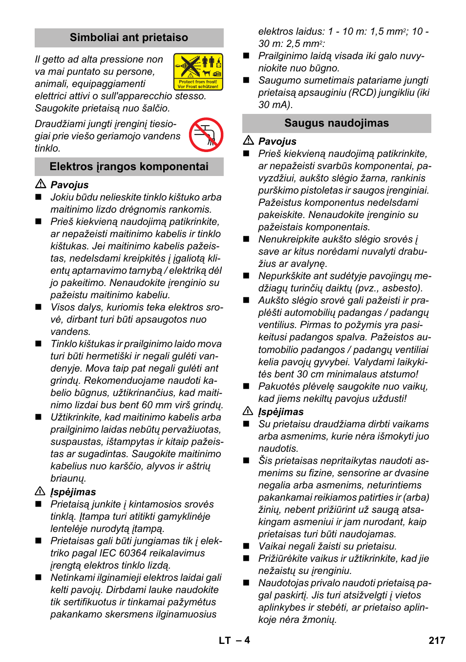 Simboliai ant prietaiso, Elektros įrangos komponentai, Saugus naudojimas | Karcher K 2 Compact Car User Manual | Page 217 / 244