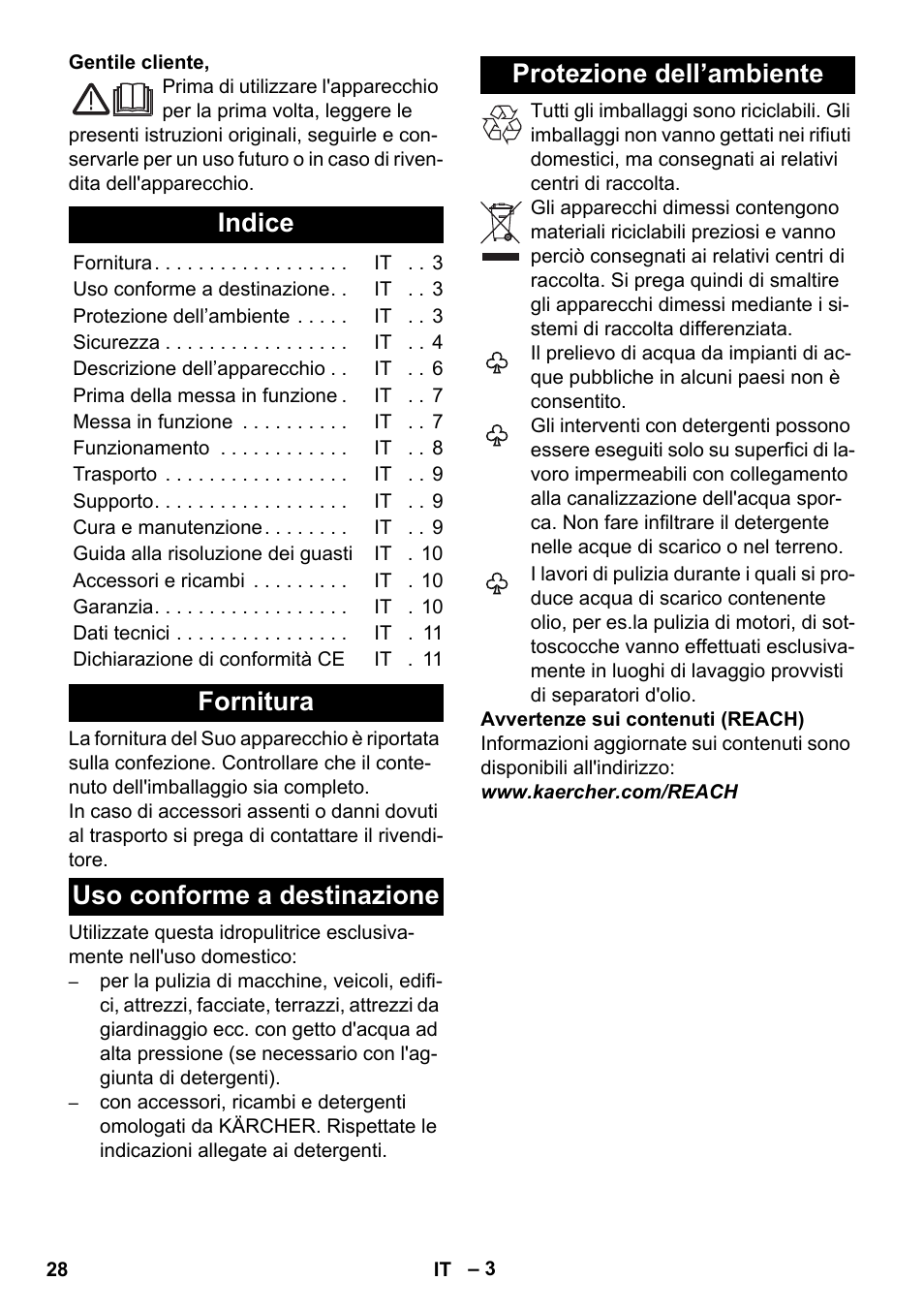 Italiano, Indice, Fornitura | Uso conforme a destinazione, Protezione dell’ambiente | Karcher K 2 Compact Car User Manual | Page 28 / 244