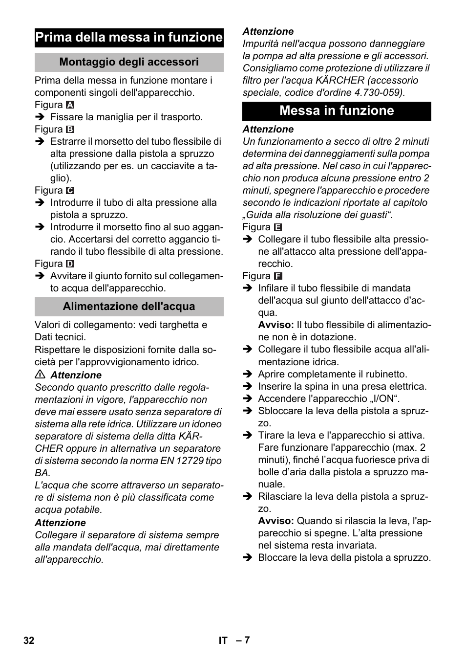 Prima della messa in funzione, Montaggio degli accessori, Alimentazione dell'acqua | Messa in funzione | Karcher K 2 Compact Car User Manual | Page 32 / 244