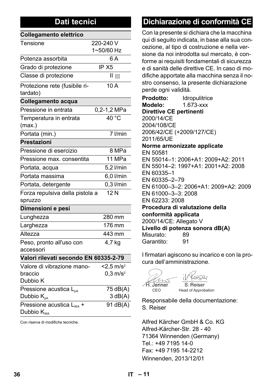 Dati tecnici, Dichiarazione di conformità ce | Karcher K 2 Compact Car User Manual | Page 36 / 244