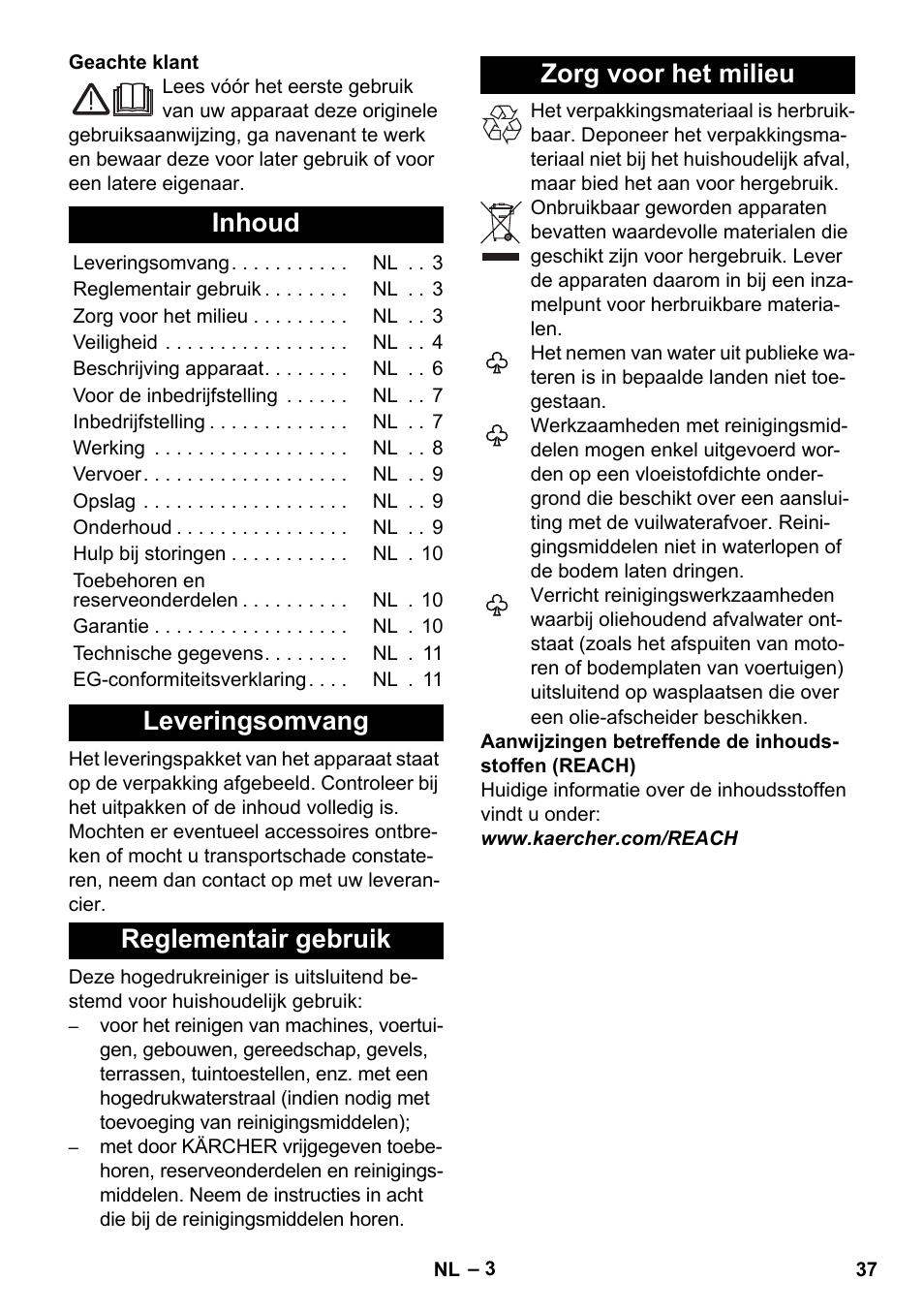 Nederlands, Inhoud, Leveringsomvang | Reglementair gebruik, Zorg voor het milieu | Karcher K 2 Compact Car User Manual | Page 37 / 244