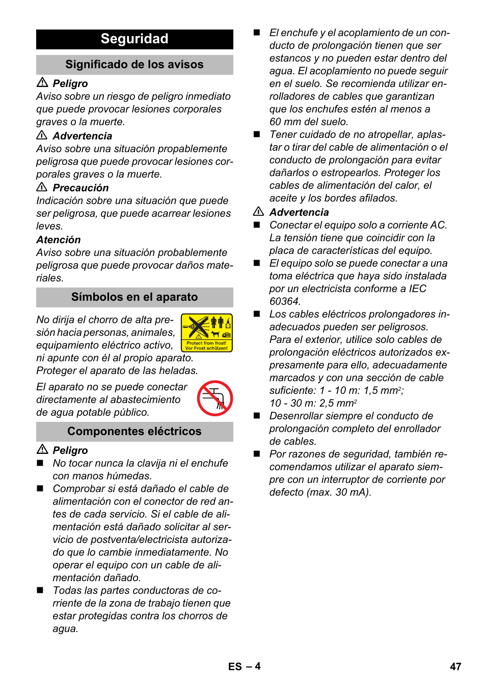 Seguridad, Significado de los avisos, Símbolos en el aparato | Componentes eléctricos | Karcher K 2 Compact Car User Manual | Page 47 / 244