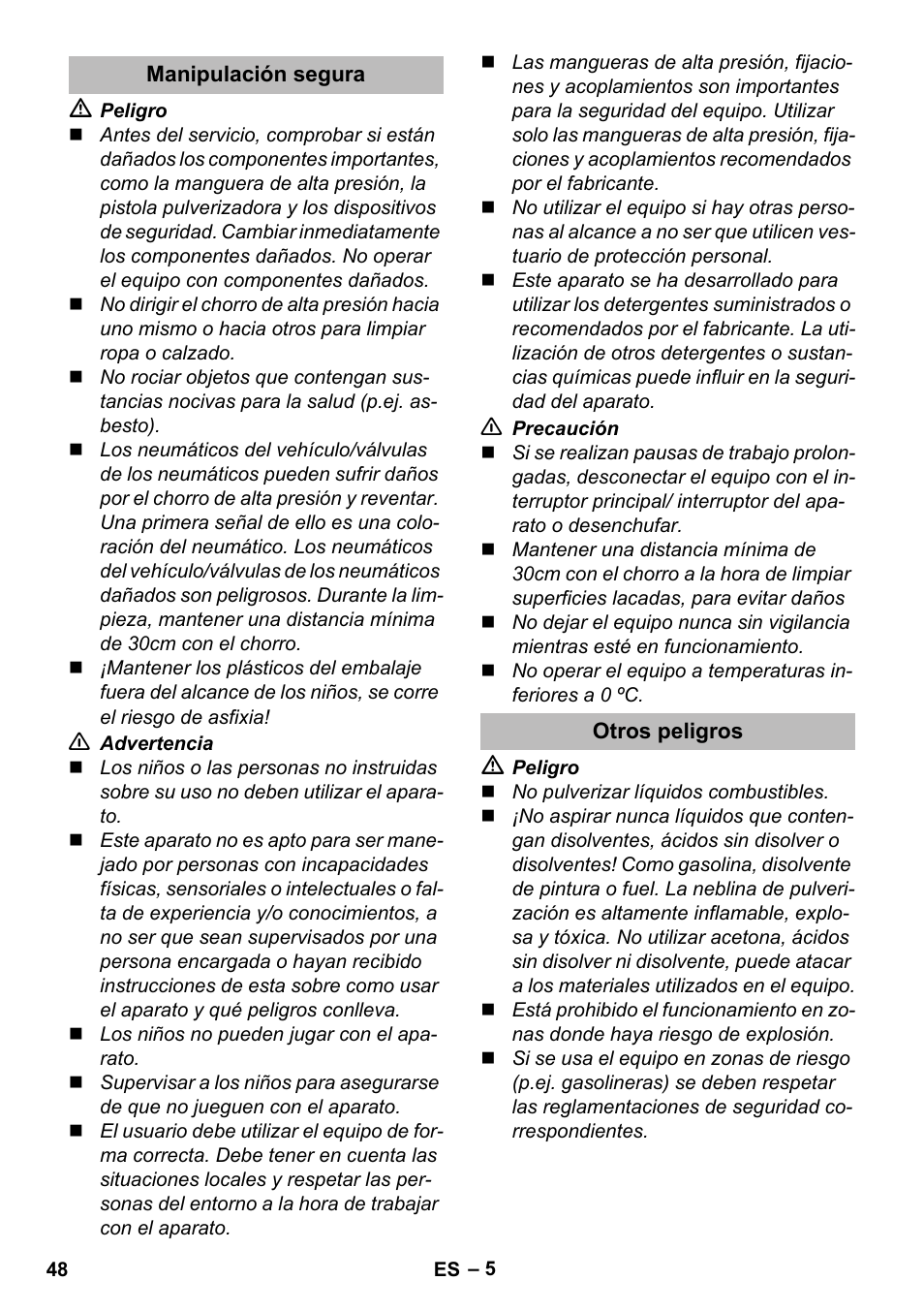 Manipulación segura, Otros peligros | Karcher K 2 Compact Car User Manual | Page 48 / 244