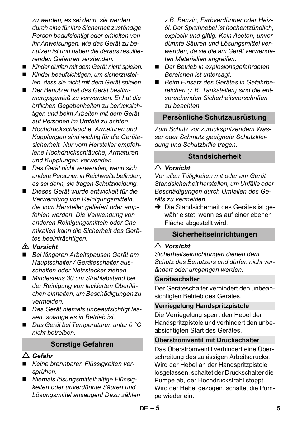 Sonstige gefahren, Persönliche schutzausrüstung, Standsicherheit | Sicherheitseinrichtungen, Geräteschalter, Verriegelung handspritzpistole, Überströmventil mit druckschalter | Karcher K 2 Compact Car User Manual | Page 5 / 244