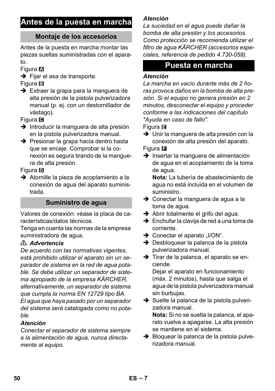 Antes de la puesta en marcha, Montaje de los accesorios, Suministro de agua | Puesta en marcha | Karcher K 2 Compact Car User Manual | Page 50 / 244