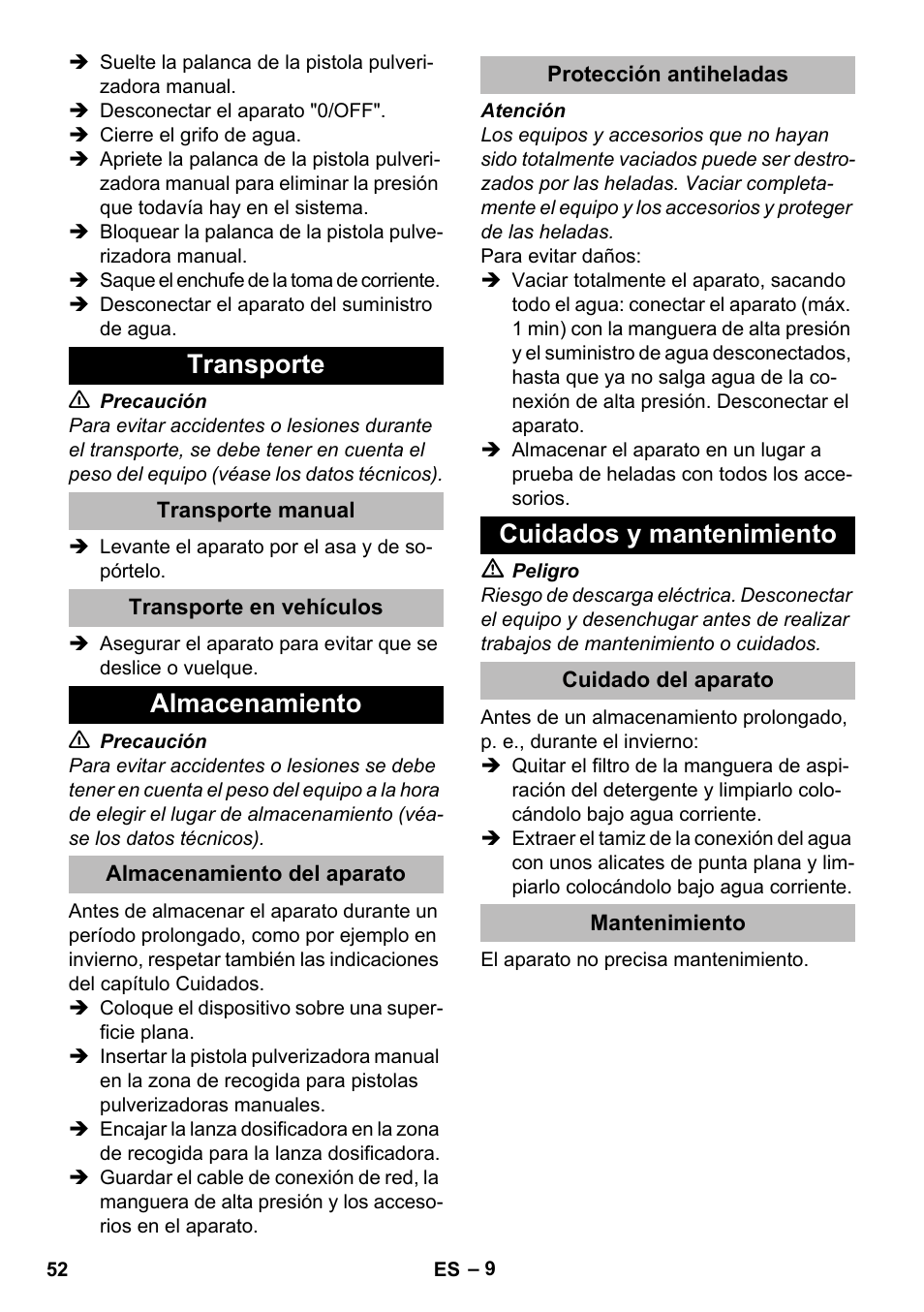 Transporte, Transporte manual, Transporte en vehículos | Almacenamiento, Almacenamiento del aparato, Protección antiheladas, Cuidados y mantenimiento, Cuidado del aparato, Mantenimiento | Karcher K 2 Compact Car User Manual | Page 52 / 244