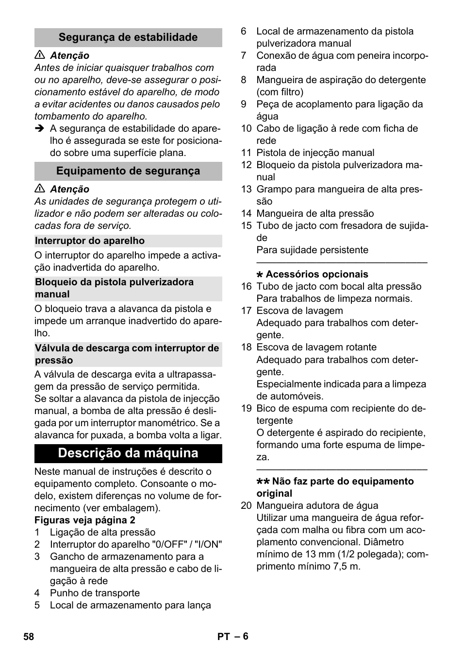 Segurança de estabilidade, Equipamento de segurança, Interruptor do aparelho | Bloqueio da pistola pulverizadora manual, Válvula de descarga com interruptor de pressão, Descrição da máquina | Karcher K 2 Compact Car User Manual | Page 58 / 244