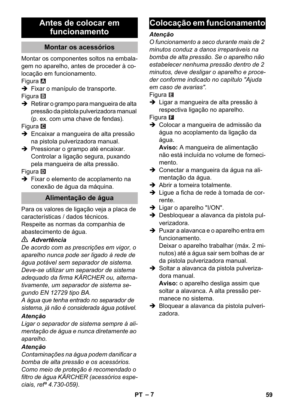 Antes de colocar em funcionamento, Montar os acessórios, Alimentação de água | Colocação em funcionamento | Karcher K 2 Compact Car User Manual | Page 59 / 244