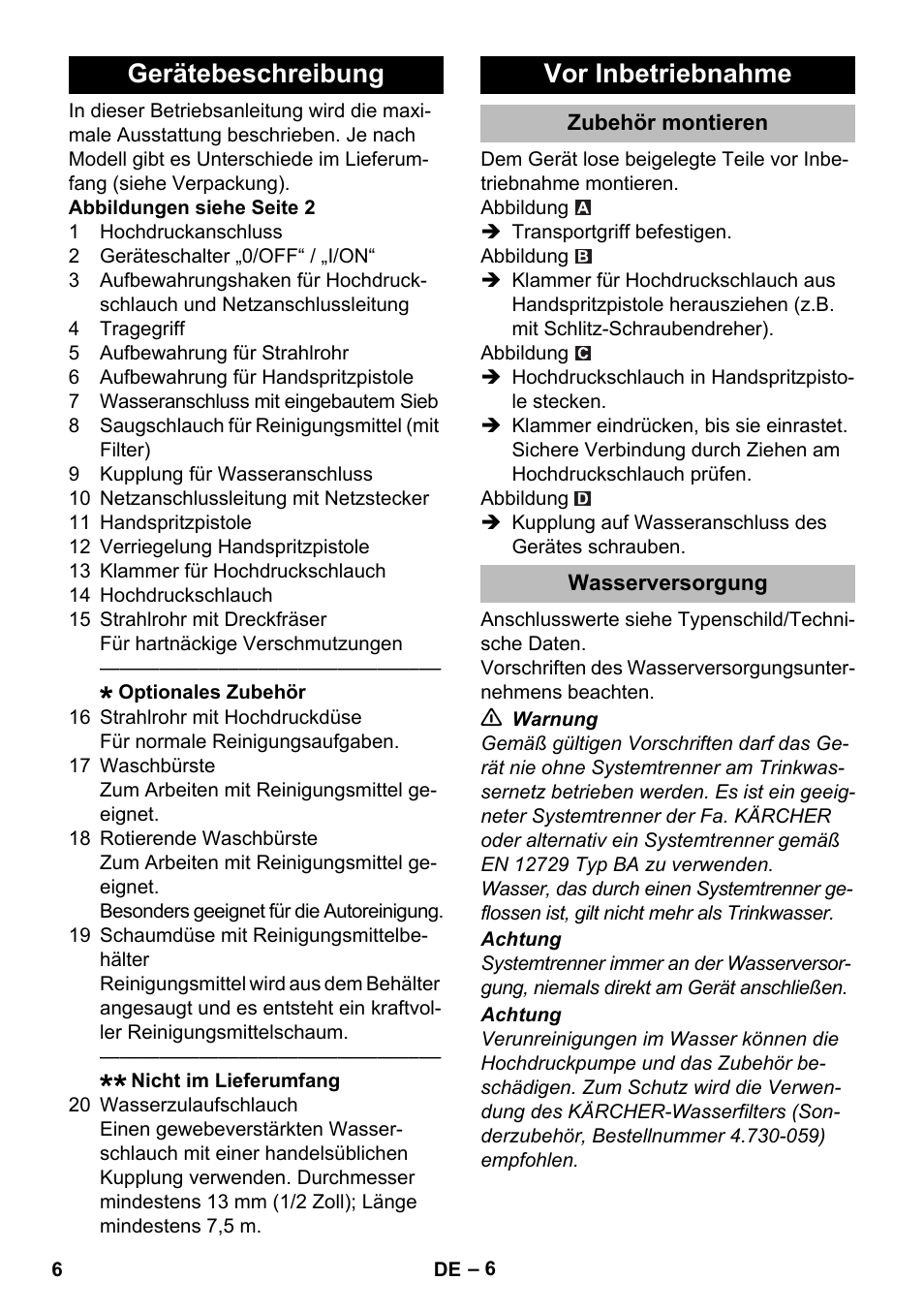 Gerätebeschreibung, Vor inbetriebnahme, Zubehör montieren | Wasserversorgung, Gerätebeschreibung vor inbetriebnahme | Karcher K 2 Compact Car User Manual | Page 6 / 244