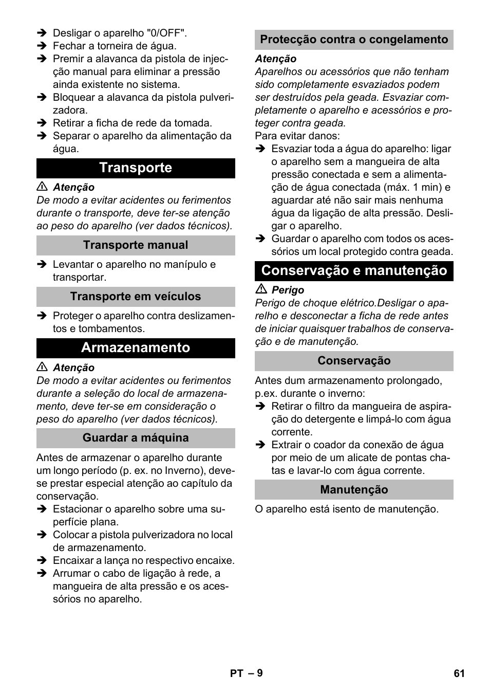 Transporte, Transporte manual, Transporte em veículos | Armazenamento, Guardar a máquina, Protecção contra o congelamento, Conservação e manutenção, Conservação, Manutenção | Karcher K 2 Compact Car User Manual | Page 61 / 244