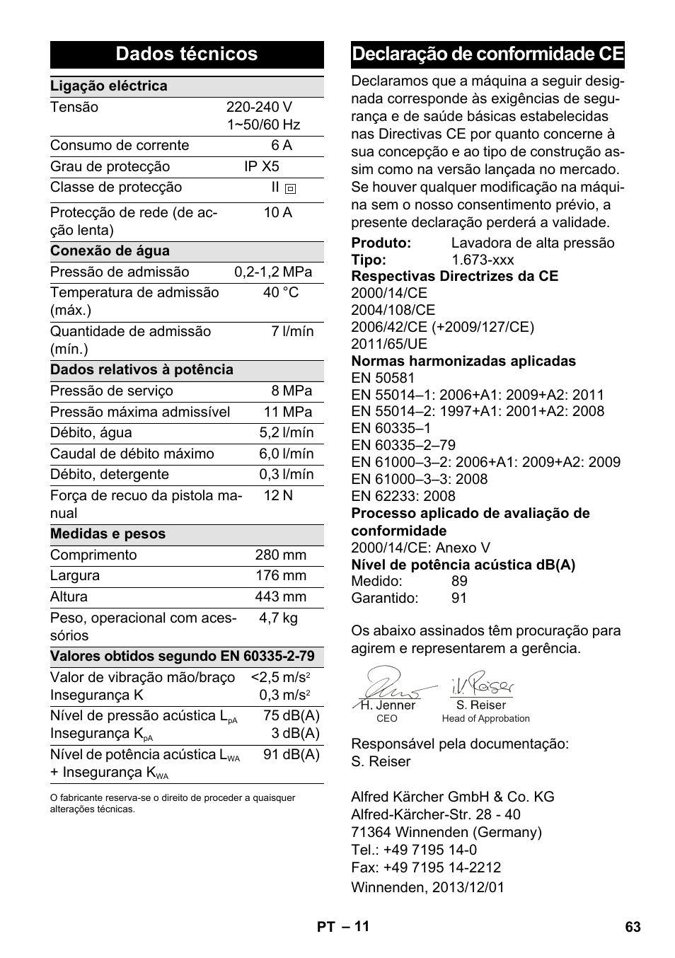 Dados técnicos, Declaração de conformidade ce | Karcher K 2 Compact Car User Manual | Page 63 / 244