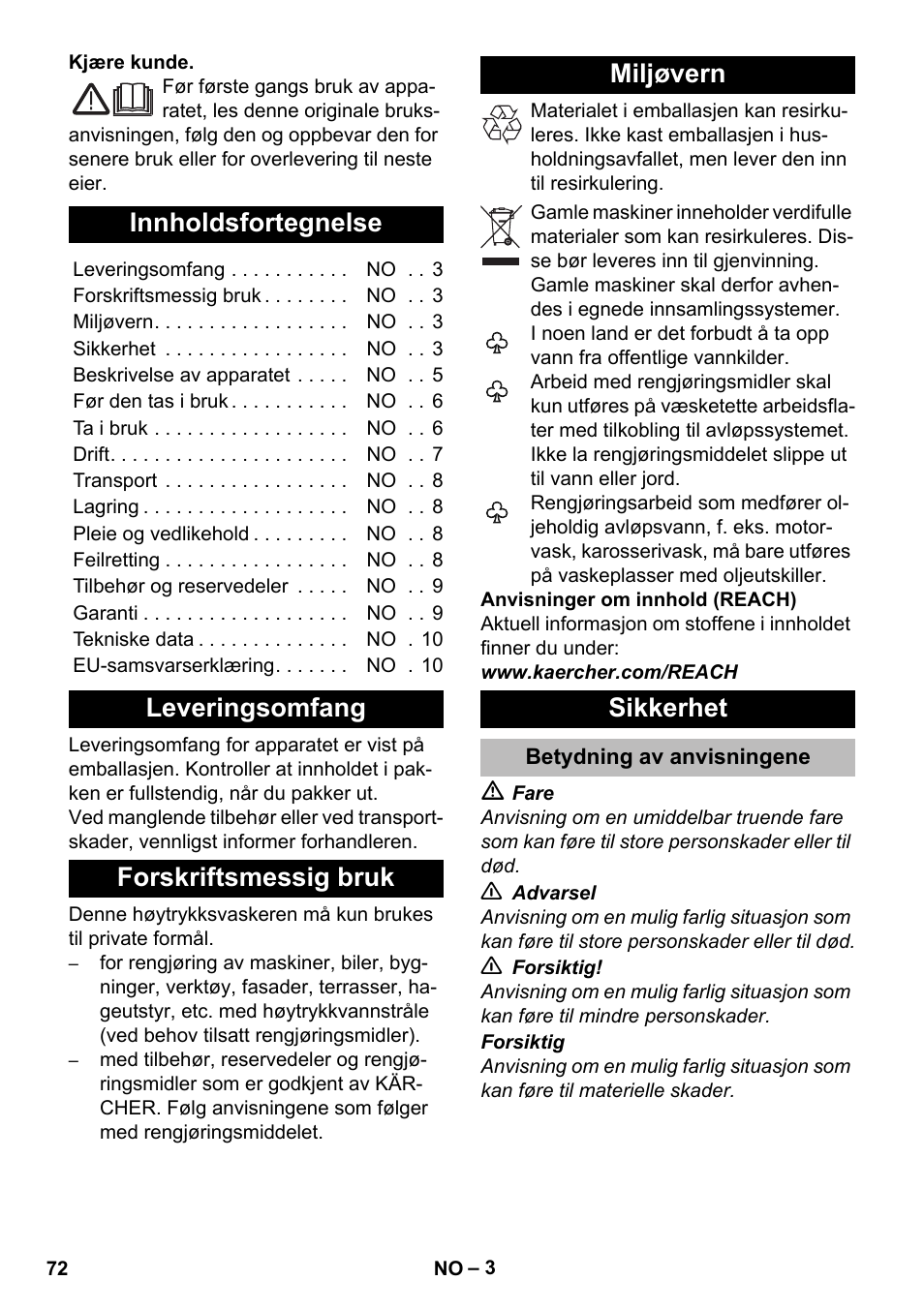 Norsk, Innholdsfortegnelse, Leveringsomfang | Forskriftsmessig bruk, Miljøvern, Sikkerhet, Betydning av anvisningene | Karcher K 2 Compact Car User Manual | Page 72 / 244