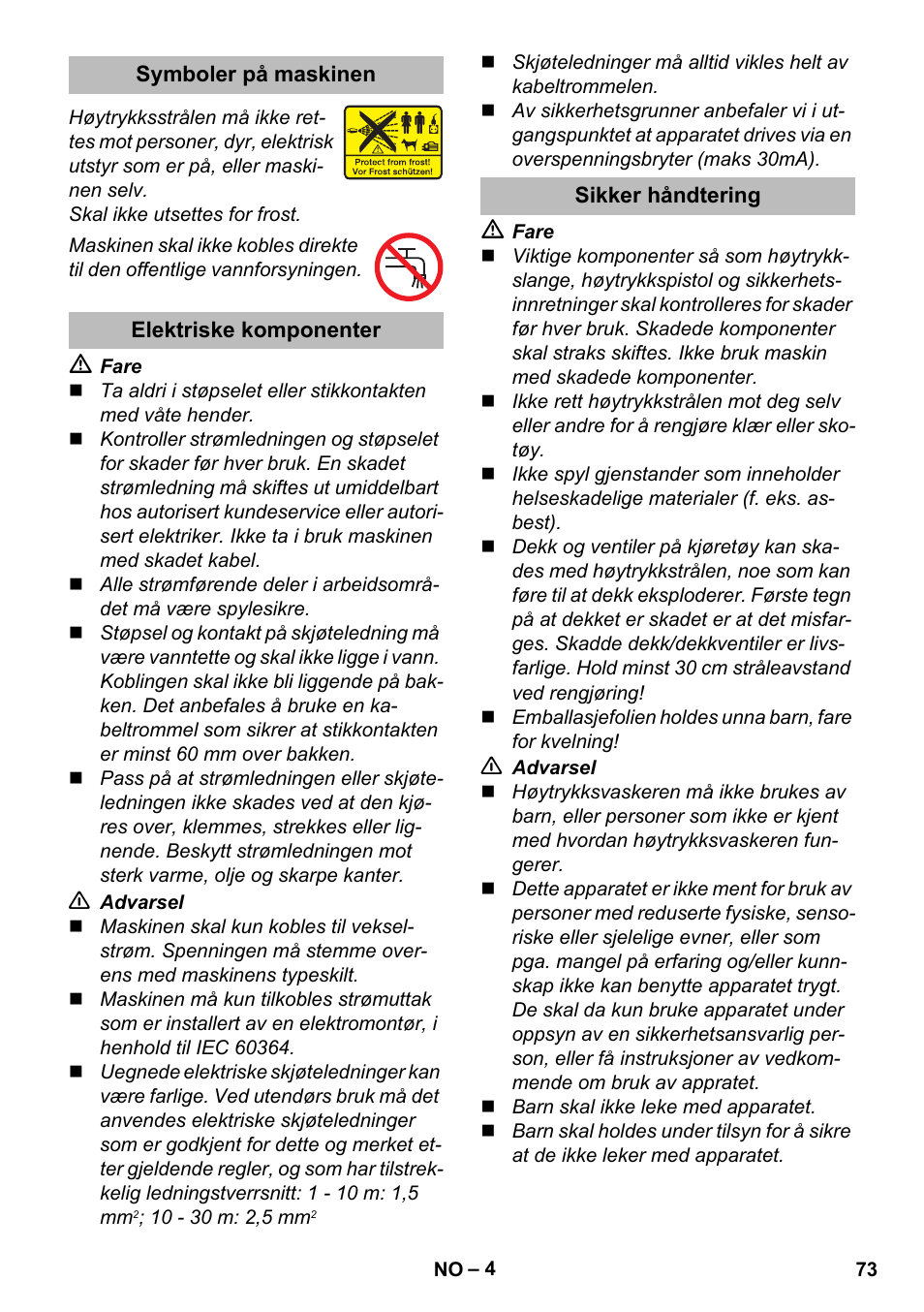 Symboler på maskinen, Elektriske komponenter, Sikker håndtering | Karcher K 2 Compact Car User Manual | Page 73 / 244