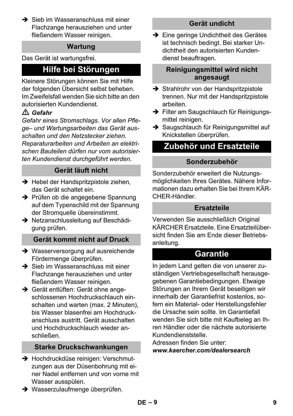 Wartung, Hilfe bei störungen, Gerät läuft nicht | Gerät kommt nicht auf druck, Starke druckschwankungen, Gerät undicht, Reinigungsmittel wird nicht angesaugt, Zubehör und ersatzteile, Sonderzubehör, Ersatzteile | Karcher K 2 Compact Car User Manual | Page 9 / 244