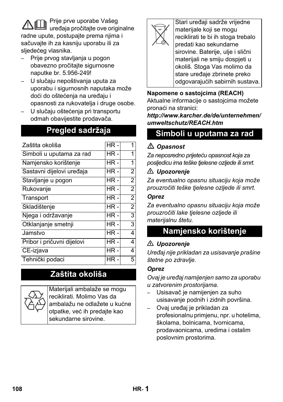 Pregled sadržaja, Zaštita okoliša, Simboli u uputama za rad namjensko korištenje | Karcher T 15-1 + ESB 28 Professional User Manual | Page 108 / 152