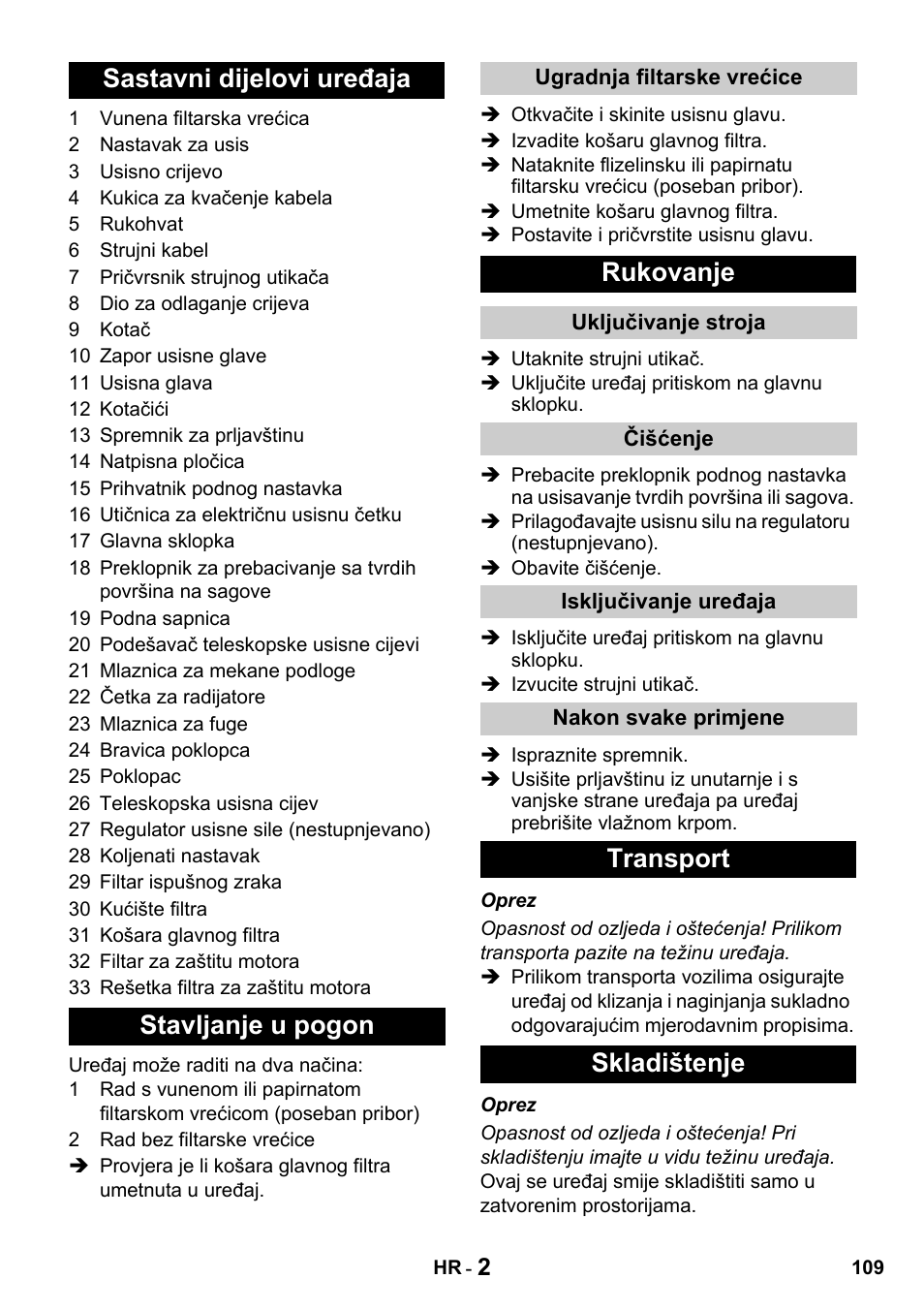 Sastavni dijelovi uređaja stavljanje u pogon, Rukovanje, Transport skladištenje | Karcher T 15-1 + ESB 28 Professional User Manual | Page 109 / 152