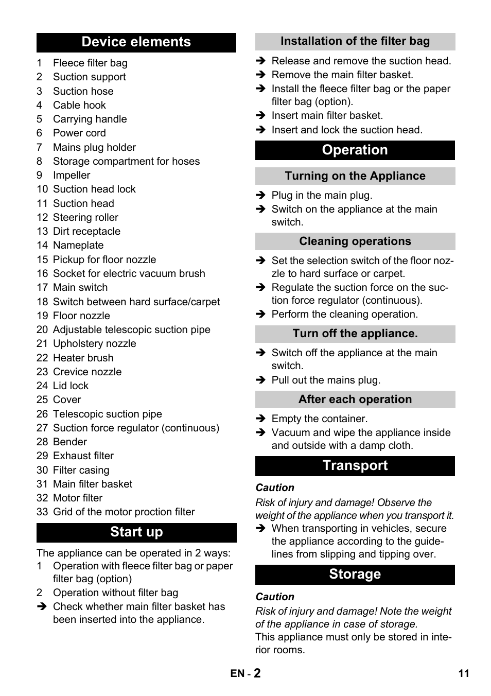 Device elements start up, Operation, Transport storage | Karcher T 15-1 + ESB 28 Professional User Manual | Page 11 / 152