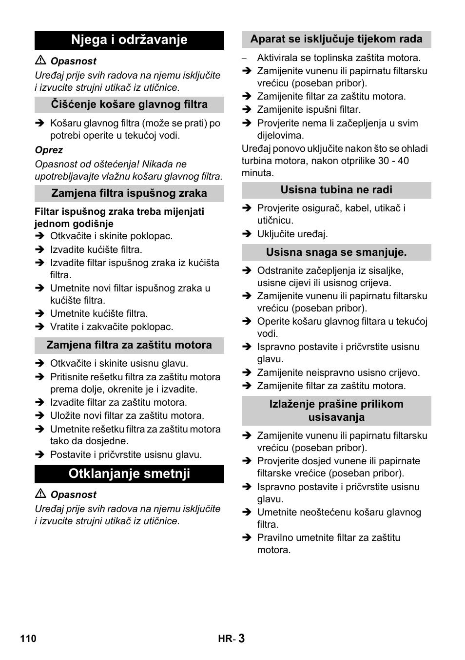 Njega i održavanje, Otklanjanje smetnji | Karcher T 15-1 + ESB 28 Professional User Manual | Page 110 / 152