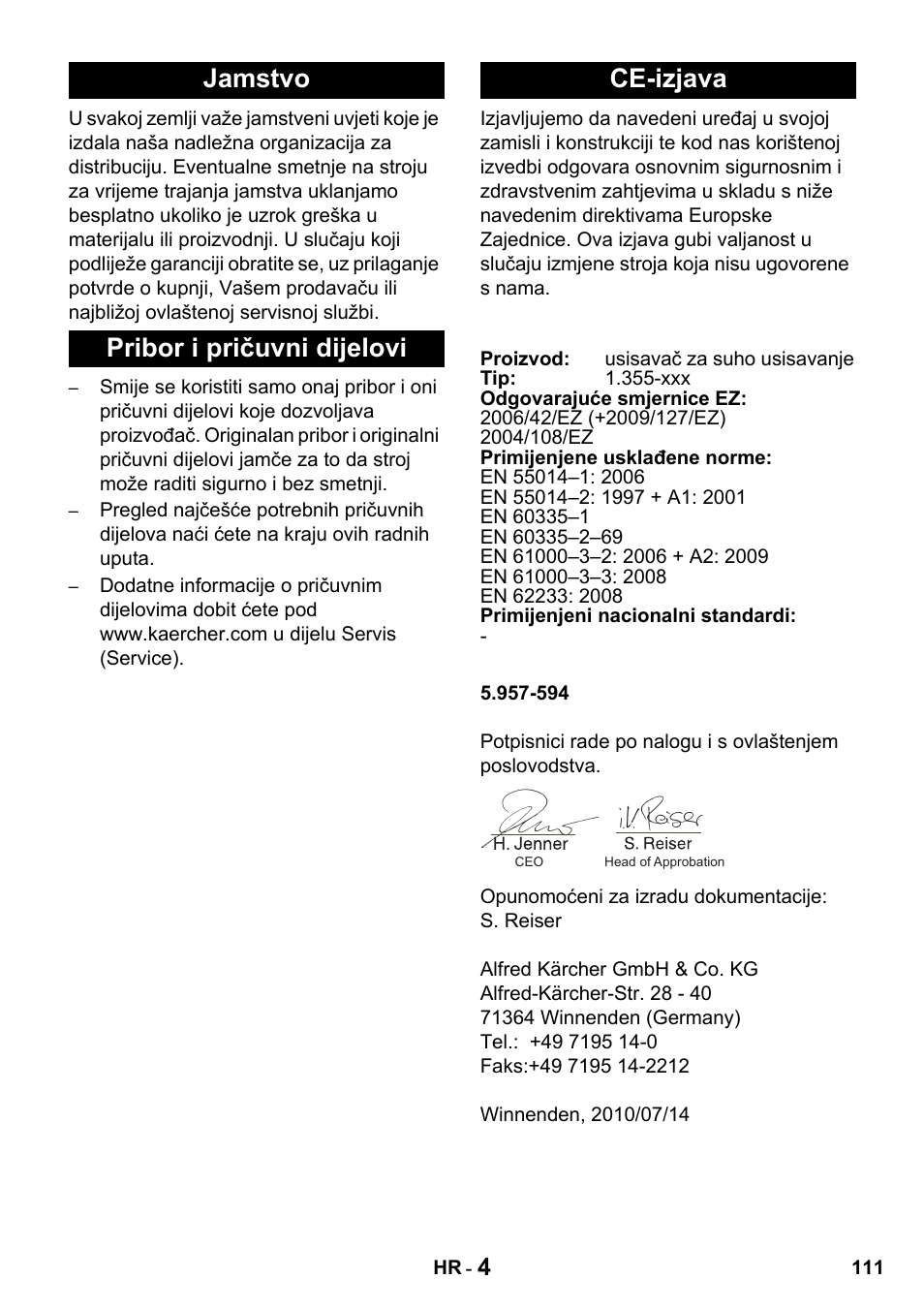 Jamstvo pribor i pričuvni dijelovi ce-izjava | Karcher T 15-1 + ESB 28 Professional User Manual | Page 111 / 152