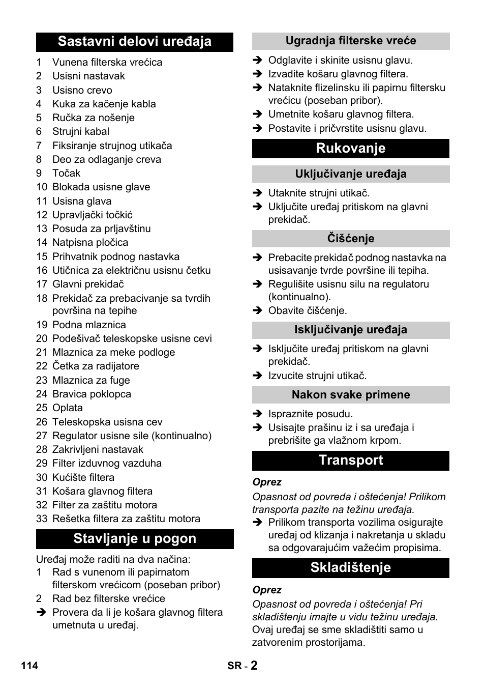 Sastavni delovi uređaja stavljanje u pogon, Rukovanje, Transport skladištenje | Karcher T 15-1 + ESB 28 Professional User Manual | Page 114 / 152