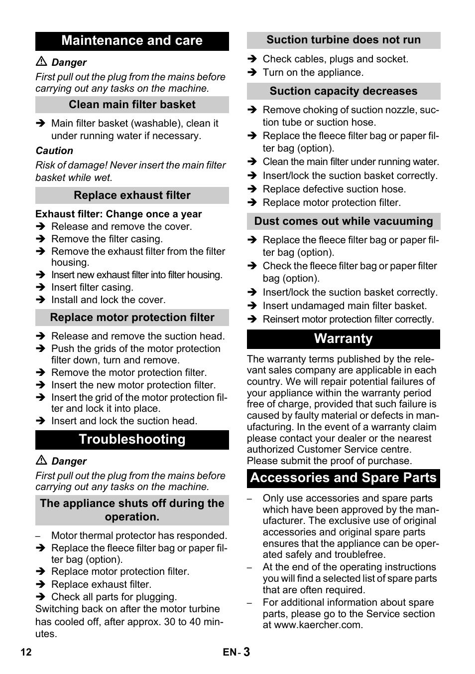 Maintenance and care, Troubleshooting, Warranty accessories and spare parts | Karcher T 15-1 + ESB 28 Professional User Manual | Page 12 / 152