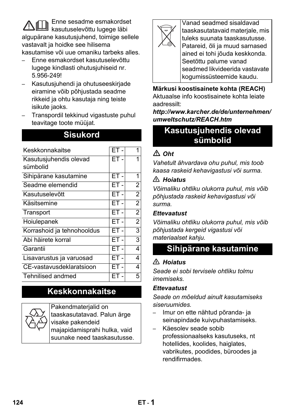 Sisukord, Keskkonnakaitse | Karcher T 15-1 + ESB 28 Professional User Manual | Page 124 / 152