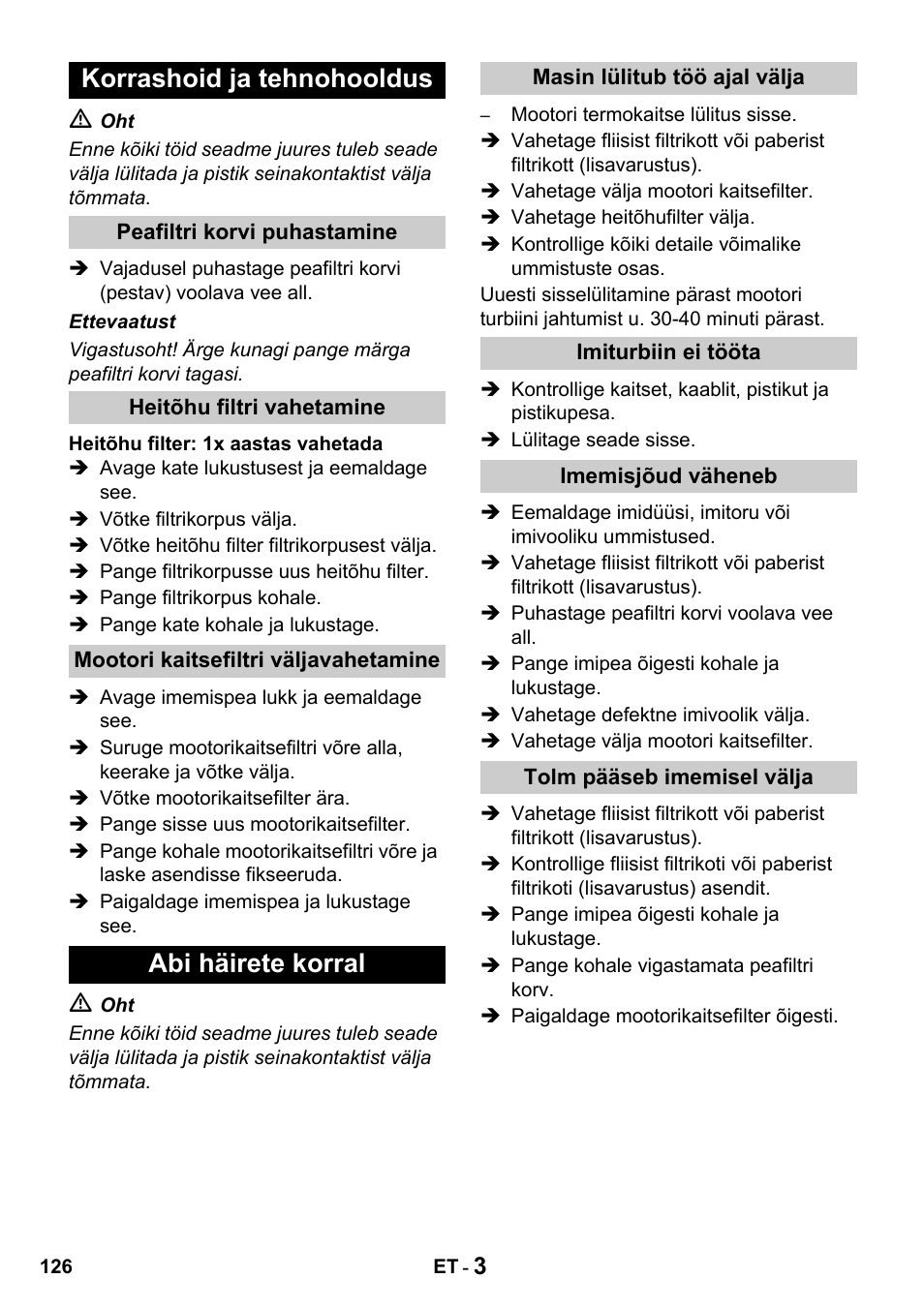 Korrashoid ja tehnohooldus, Abi häirete korral | Karcher T 15-1 + ESB 28 Professional User Manual | Page 126 / 152