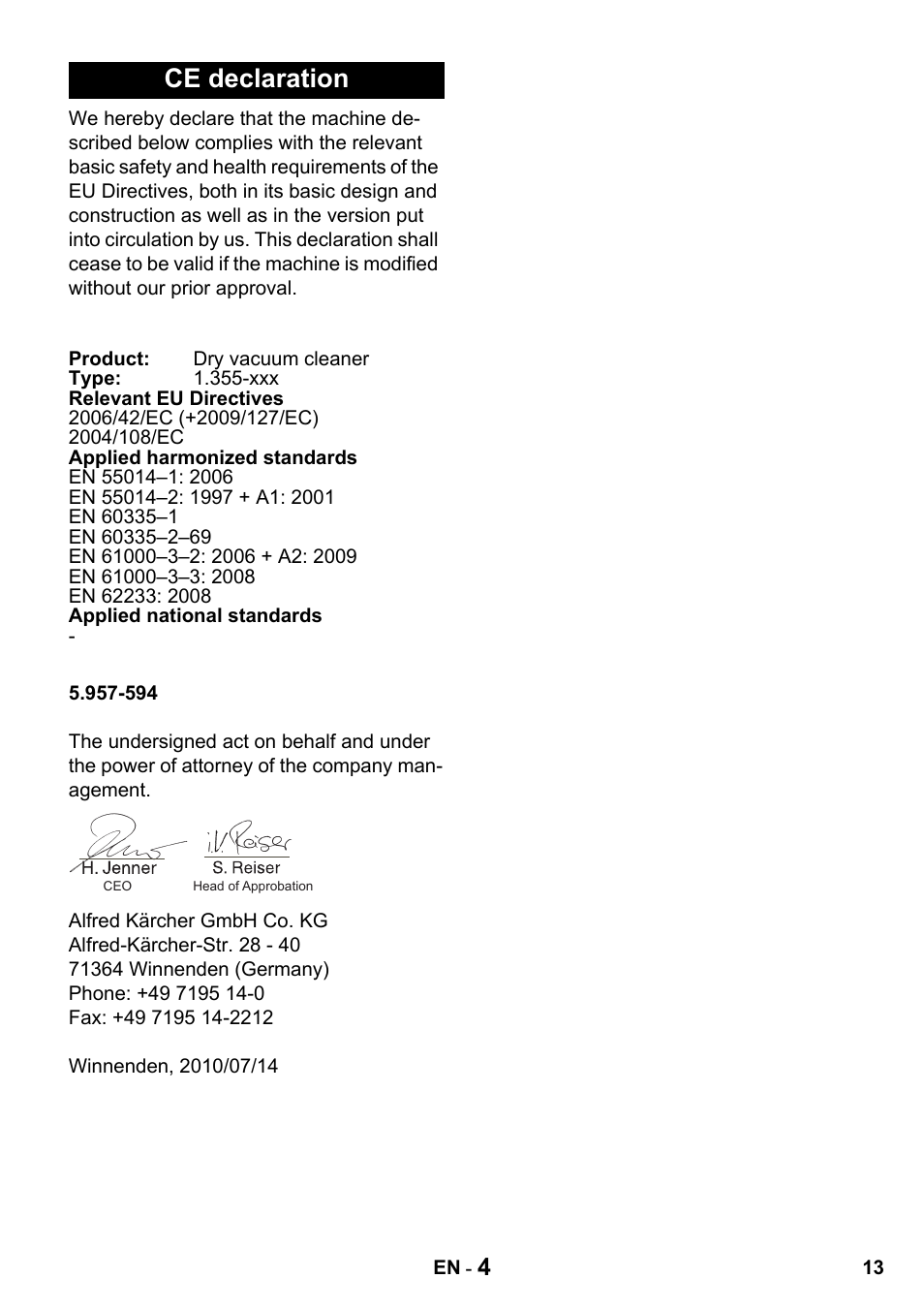 Ce declaration | Karcher T 15-1 + ESB 28 Professional User Manual | Page 13 / 152