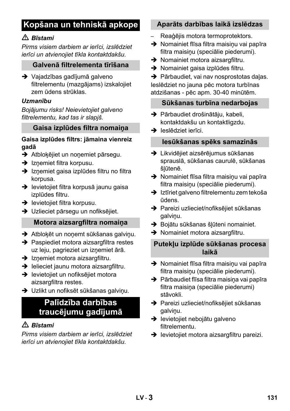 Kopšana un tehniskā apkope, Palīdzība darbības traucējumu gadījumā | Karcher T 15-1 + ESB 28 Professional User Manual | Page 131 / 152