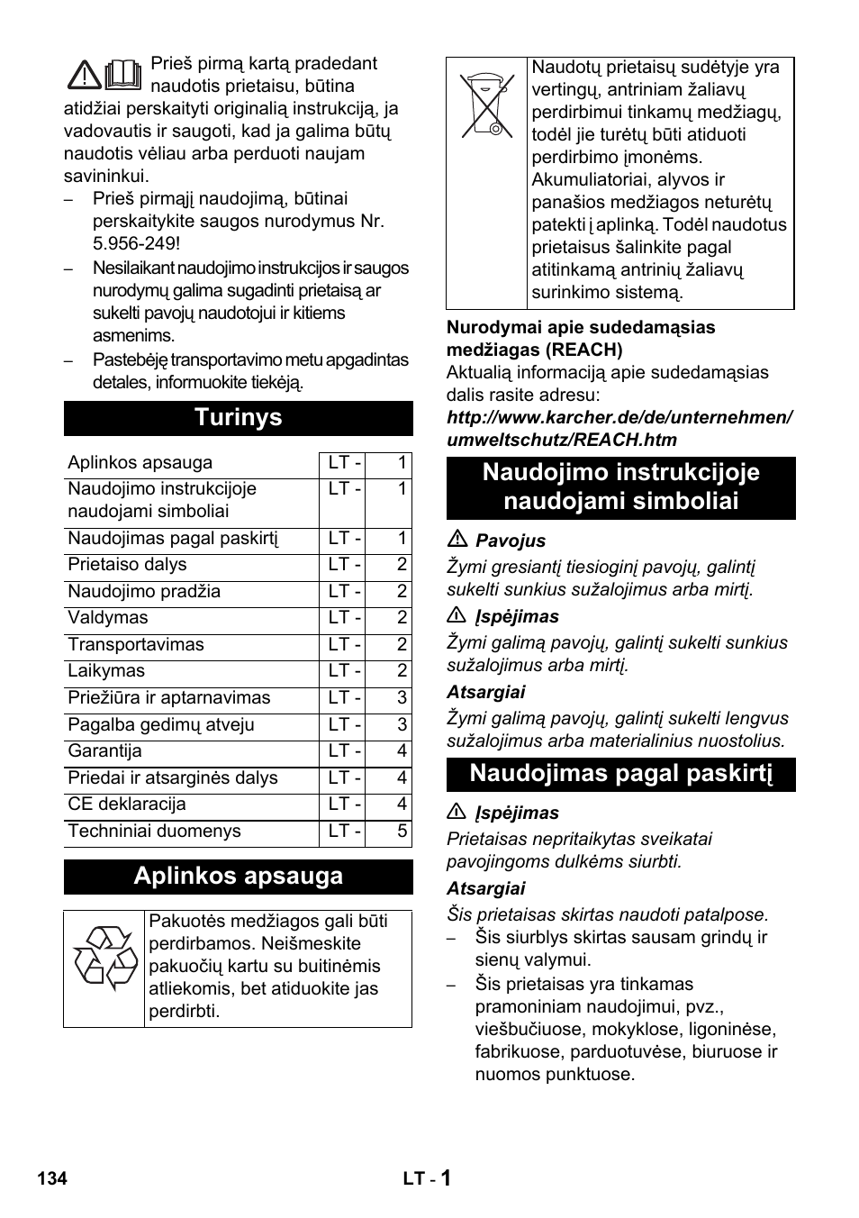 Turinys, Aplinkos apsauga | Karcher T 15-1 + ESB 28 Professional User Manual | Page 134 / 152