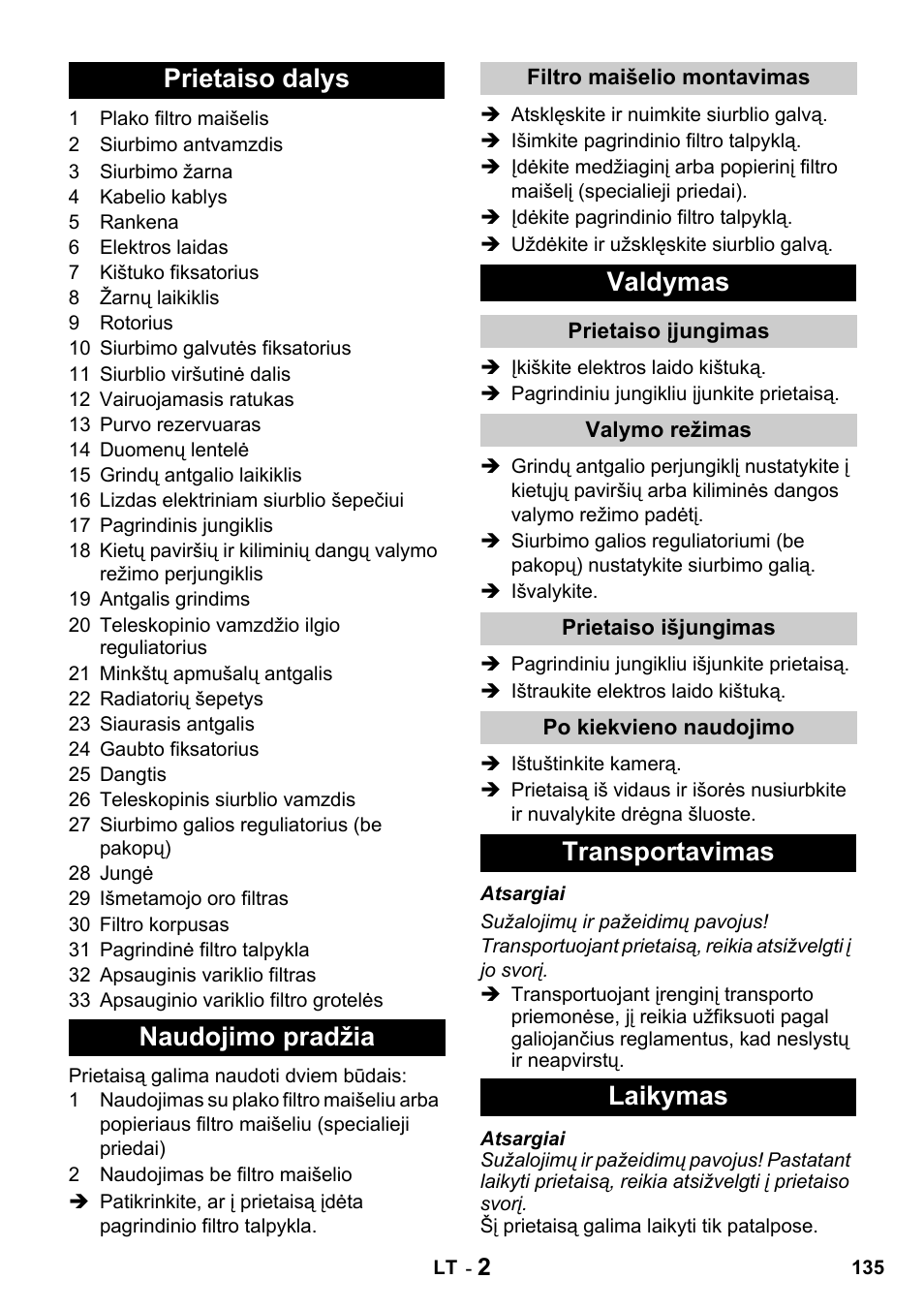 Prietaiso dalys naudojimo pradžia, Valdymas, Transportavimas laikymas | Karcher T 15-1 + ESB 28 Professional User Manual | Page 135 / 152