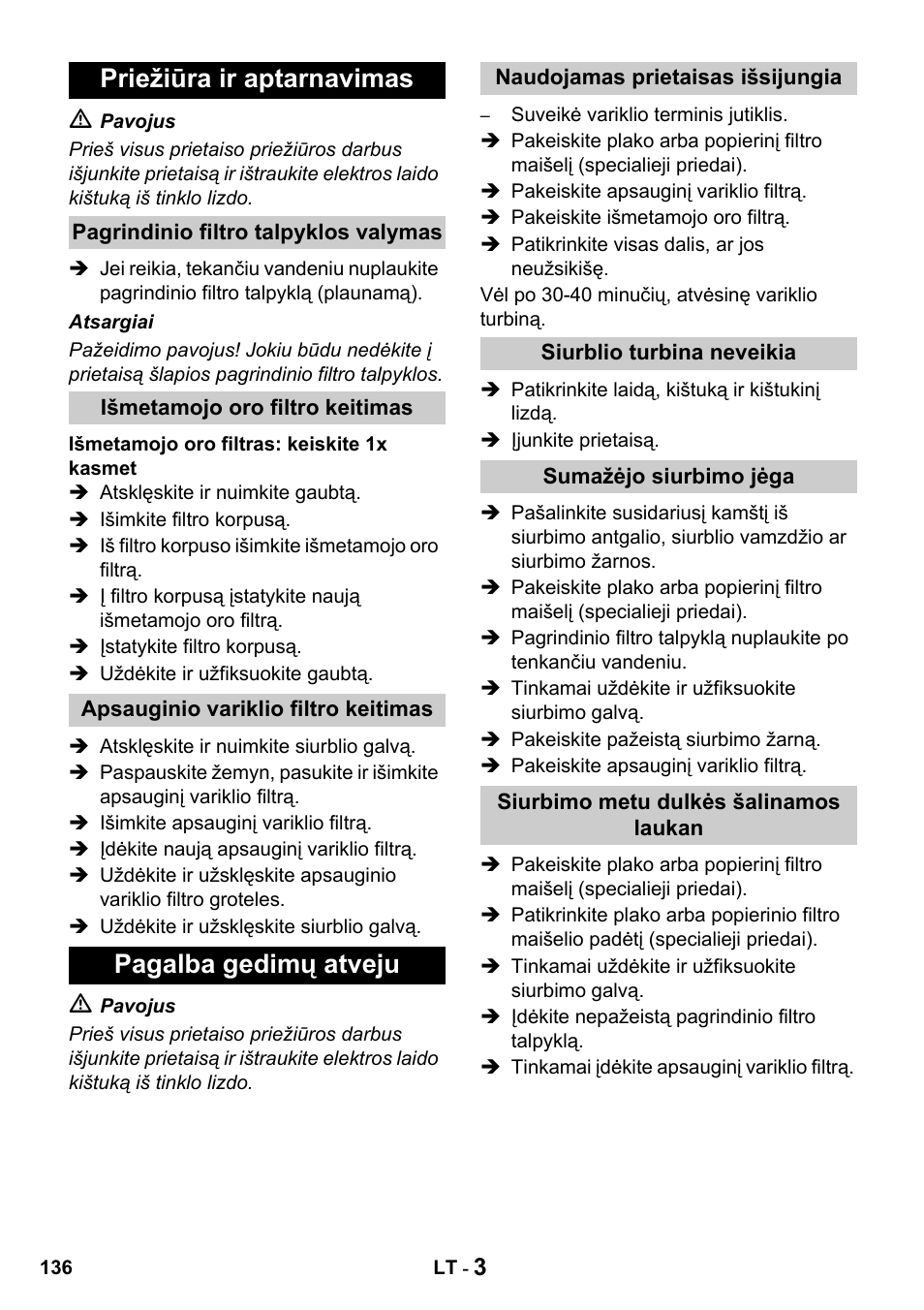 Priežiūra ir aptarnavimas, Pagalba gedimų atveju | Karcher T 15-1 + ESB 28 Professional User Manual | Page 136 / 152