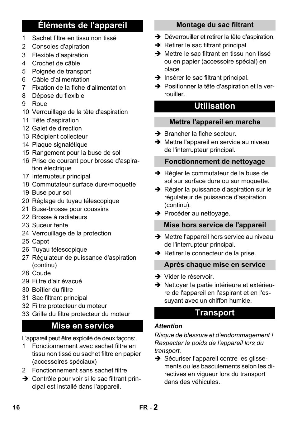 Éléments de l'appareil mise en service, Utilisation, Transport | Karcher T 15-1 + ESB 28 Professional User Manual | Page 16 / 152