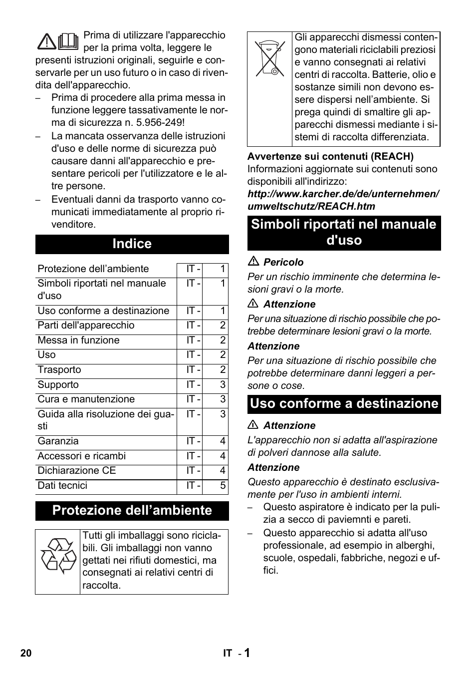 Indice, Protezione dell’ambiente | Karcher T 15-1 + ESB 28 Professional User Manual | Page 20 / 152