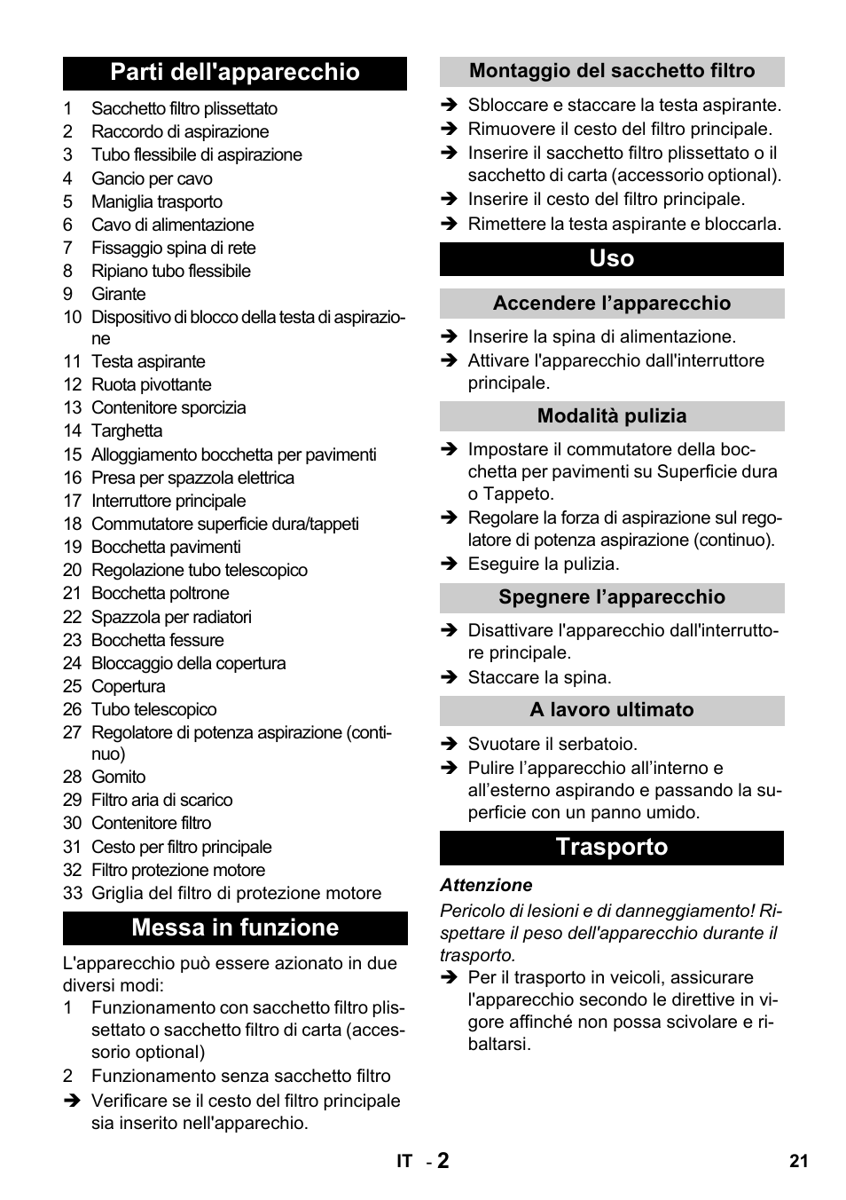 Parti dell'apparecchio messa in funzione, Trasporto | Karcher T 15-1 + ESB 28 Professional User Manual | Page 21 / 152