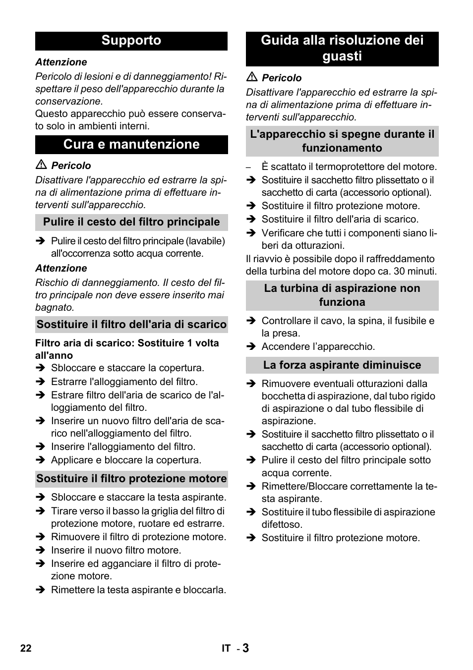 Supporto cura e manutenzione, Guida alla risoluzione dei guasti | Karcher T 15-1 + ESB 28 Professional User Manual | Page 22 / 152