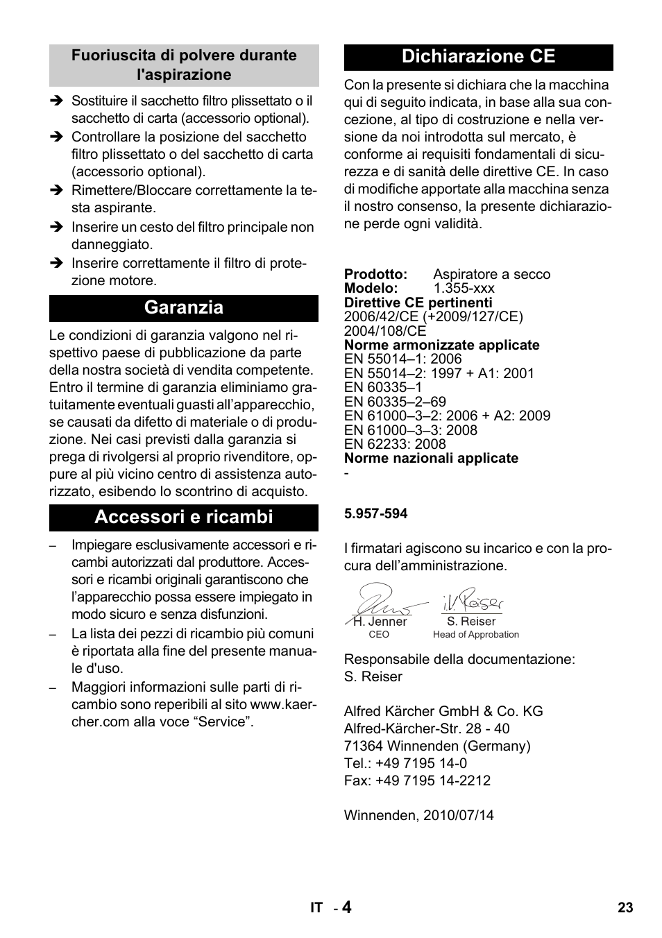 Garanzia accessori e ricambi dichiarazione ce | Karcher T 15-1 + ESB 28 Professional User Manual | Page 23 / 152