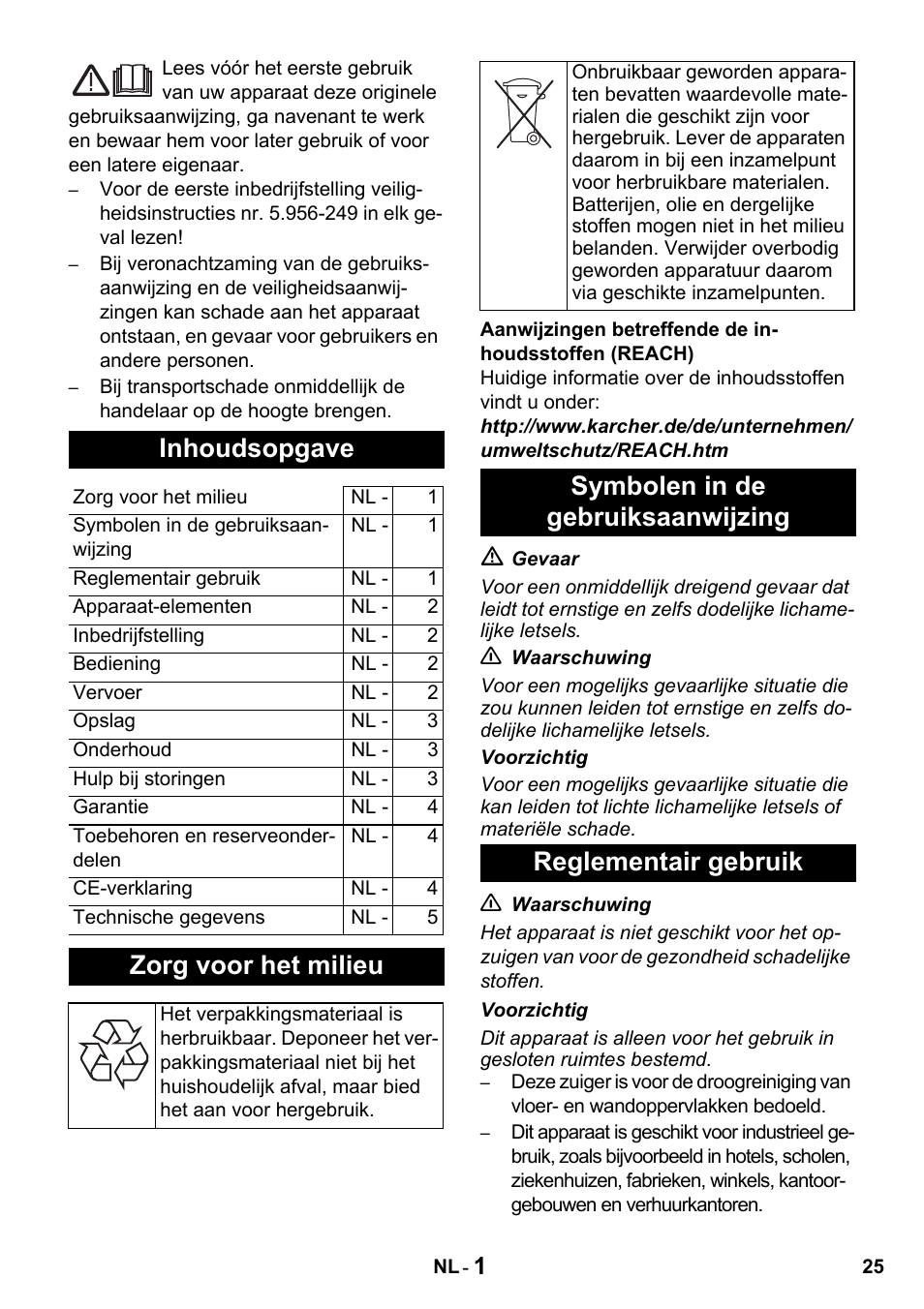 Inhoudsopgave, Zorg voor het milieu | Karcher T 15-1 + ESB 28 Professional User Manual | Page 25 / 152