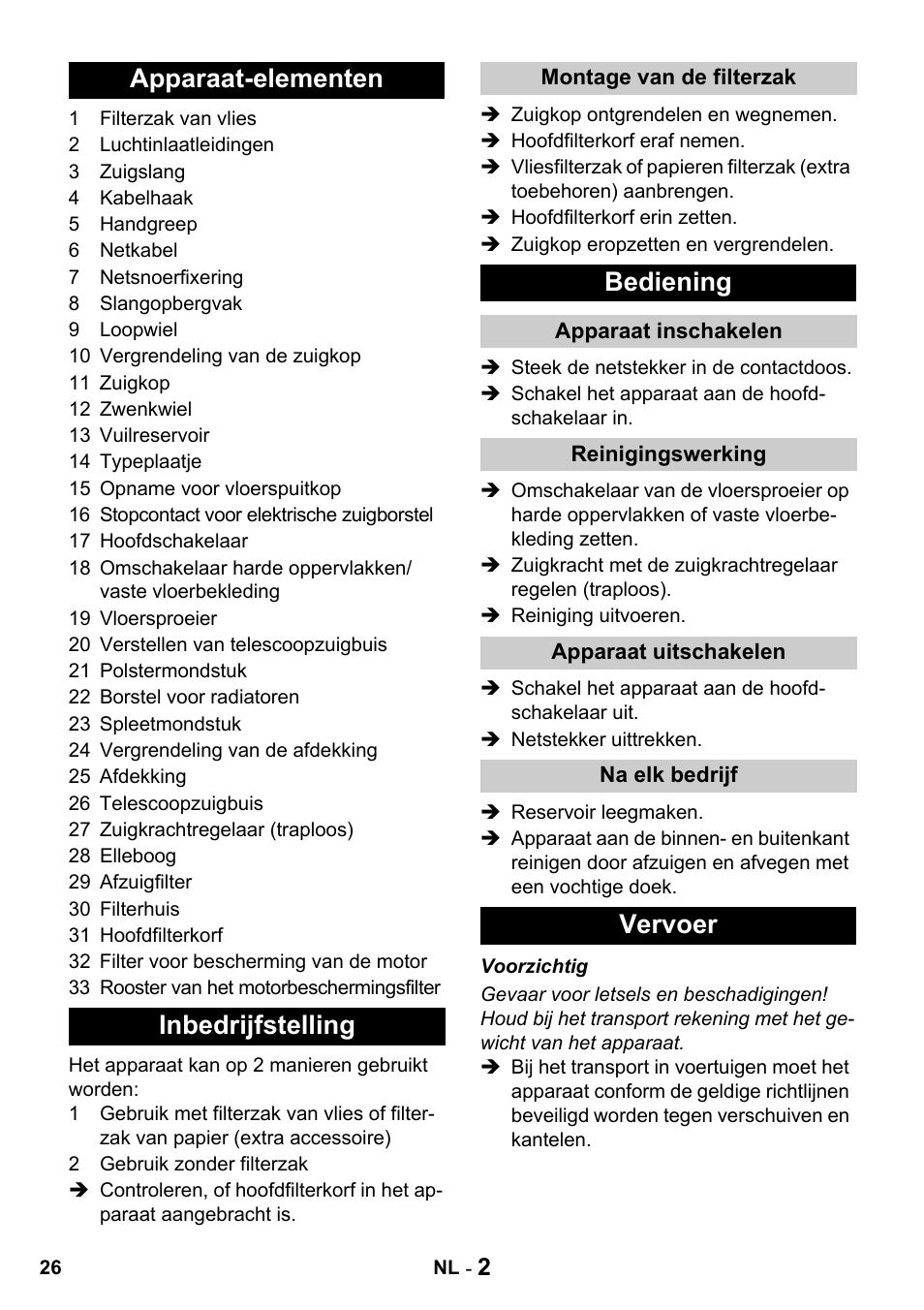 Apparaat-elementen inbedrijfstelling, Bediening, Vervoer | Karcher T 15-1 + ESB 28 Professional User Manual | Page 26 / 152