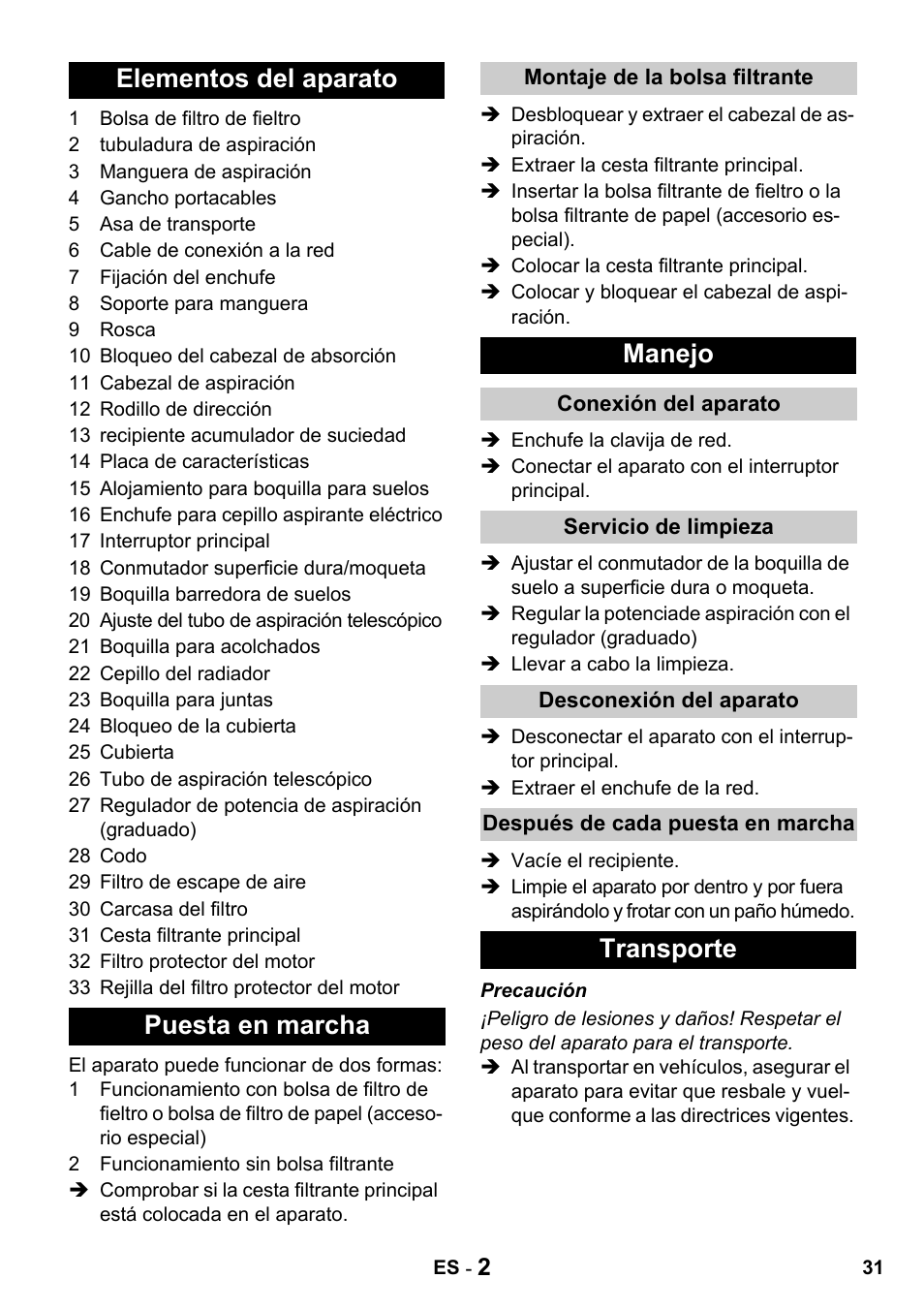 Elementos del aparato puesta en marcha, Manejo, Transporte | Karcher T 15-1 + ESB 28 Professional User Manual | Page 31 / 152