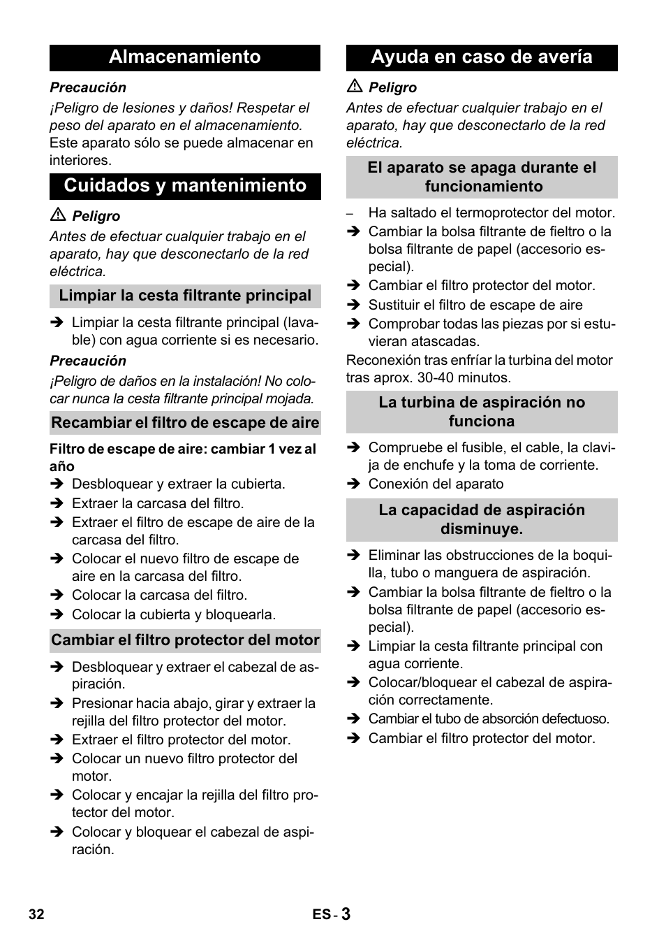 Almacenamiento cuidados y mantenimiento, Ayuda en caso de avería | Karcher T 15-1 + ESB 28 Professional User Manual | Page 32 / 152