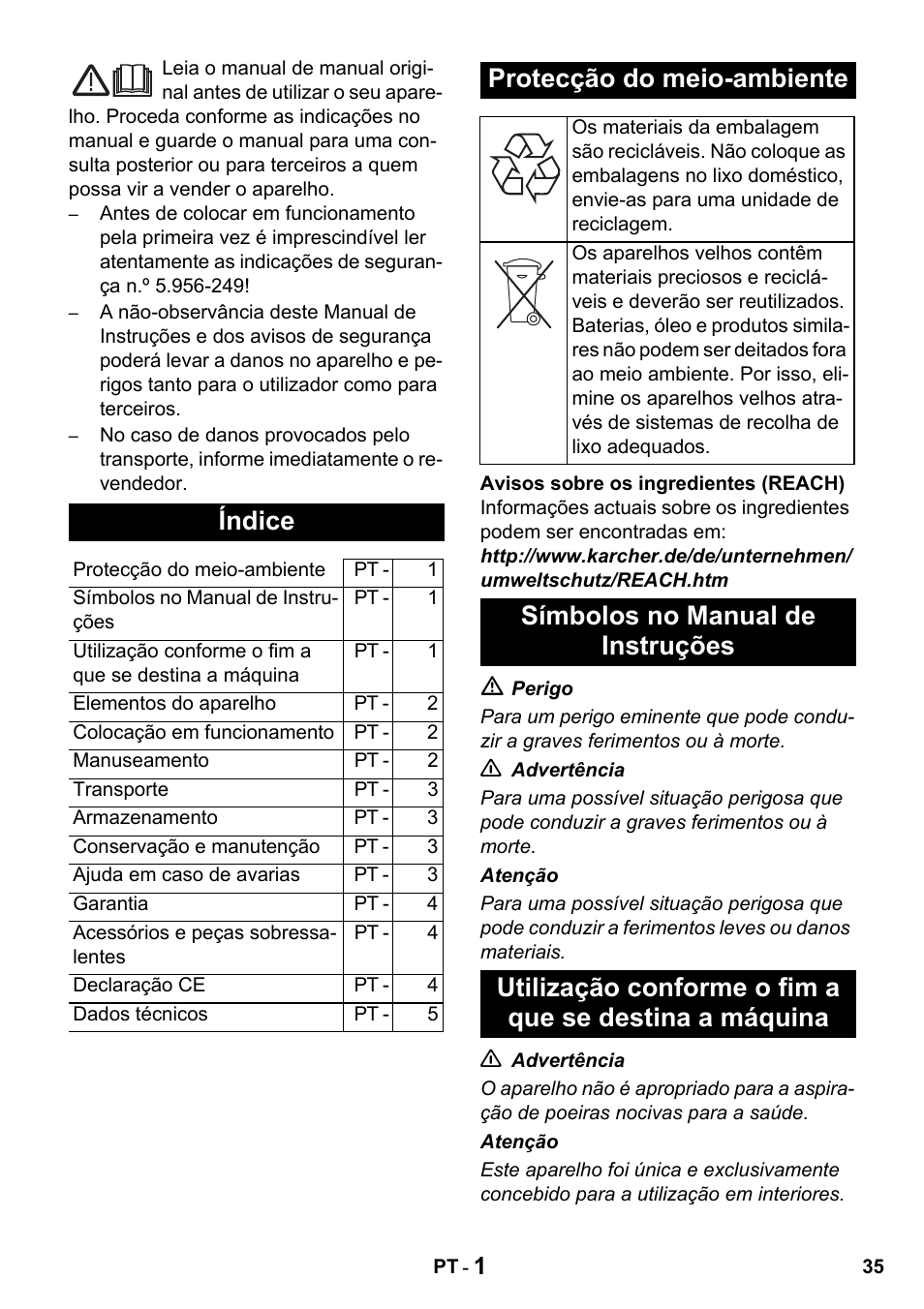 Índice, Protecção do meio-ambiente | Karcher T 15-1 + ESB 28 Professional User Manual | Page 35 / 152