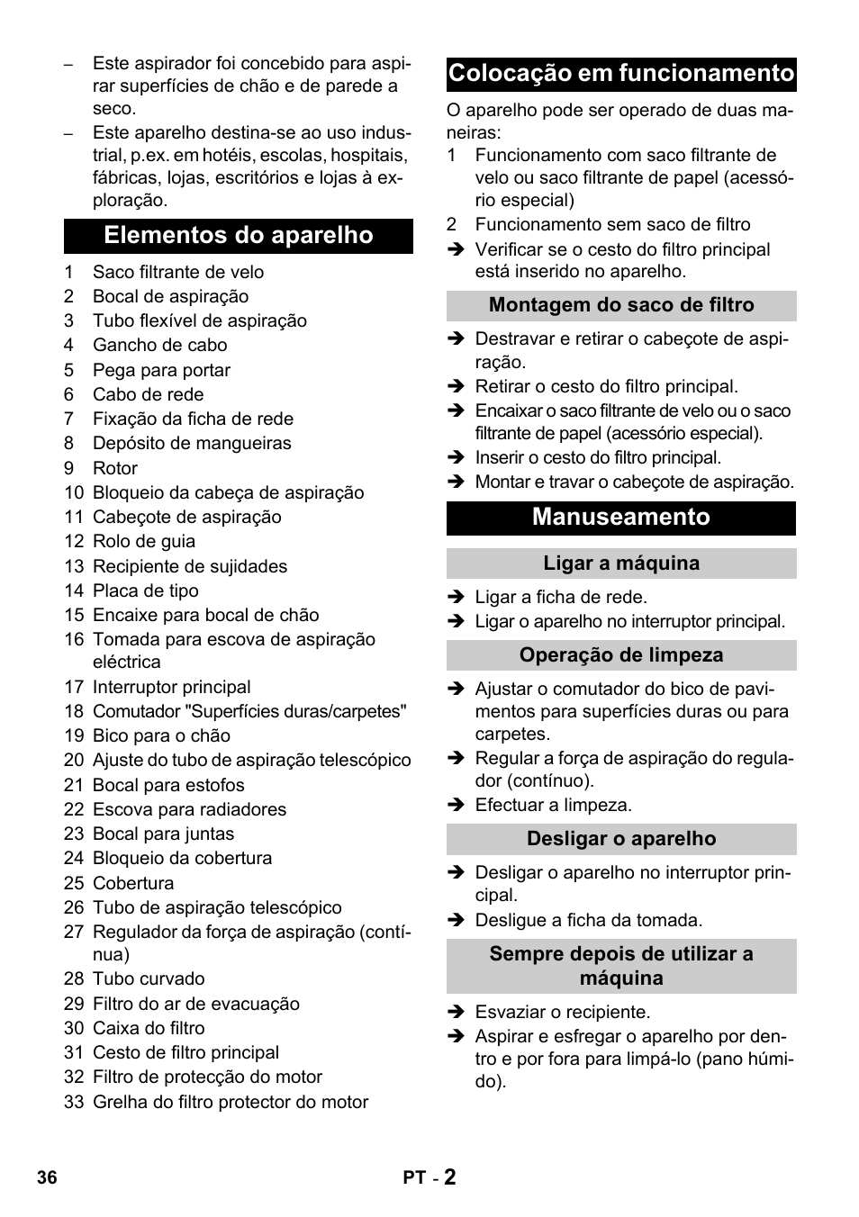 Elementos do aparelho colocação em funcionamento, Manuseamento | Karcher T 15-1 + ESB 28 Professional User Manual | Page 36 / 152