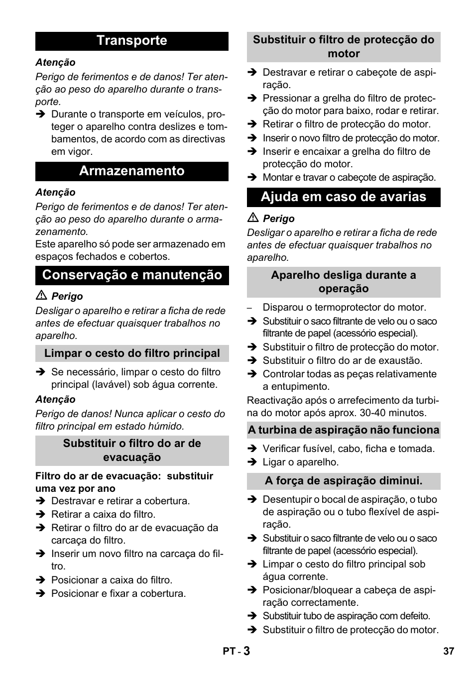 Transporte armazenamento conservação e manutenção, Ajuda em caso de avarias | Karcher T 15-1 + ESB 28 Professional User Manual | Page 37 / 152
