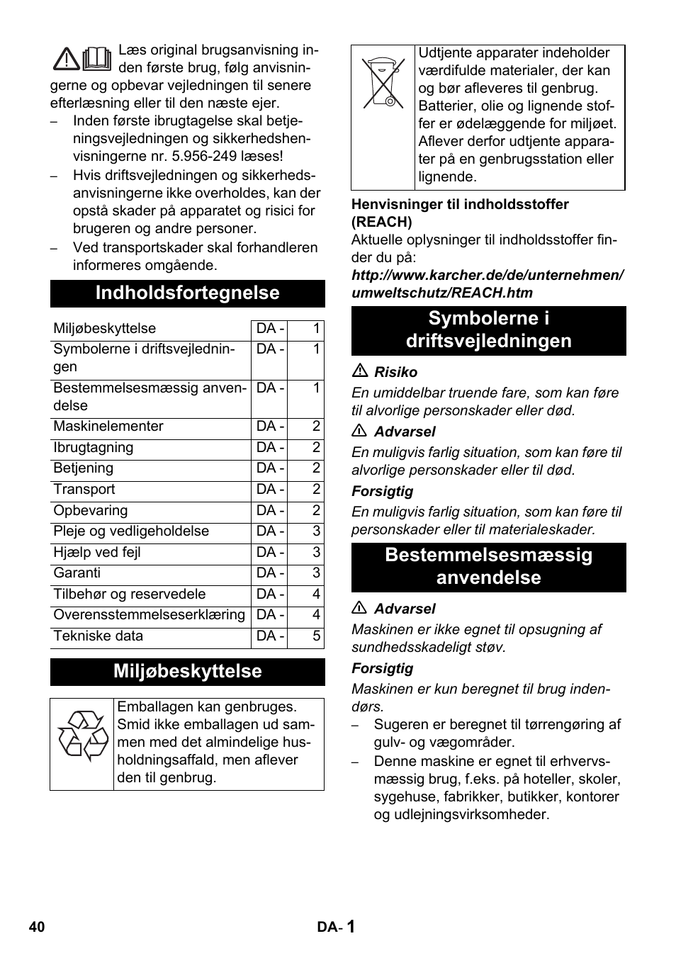 Indholdsfortegnelse, Miljøbeskyttelse | Karcher T 15-1 + ESB 28 Professional User Manual | Page 40 / 152