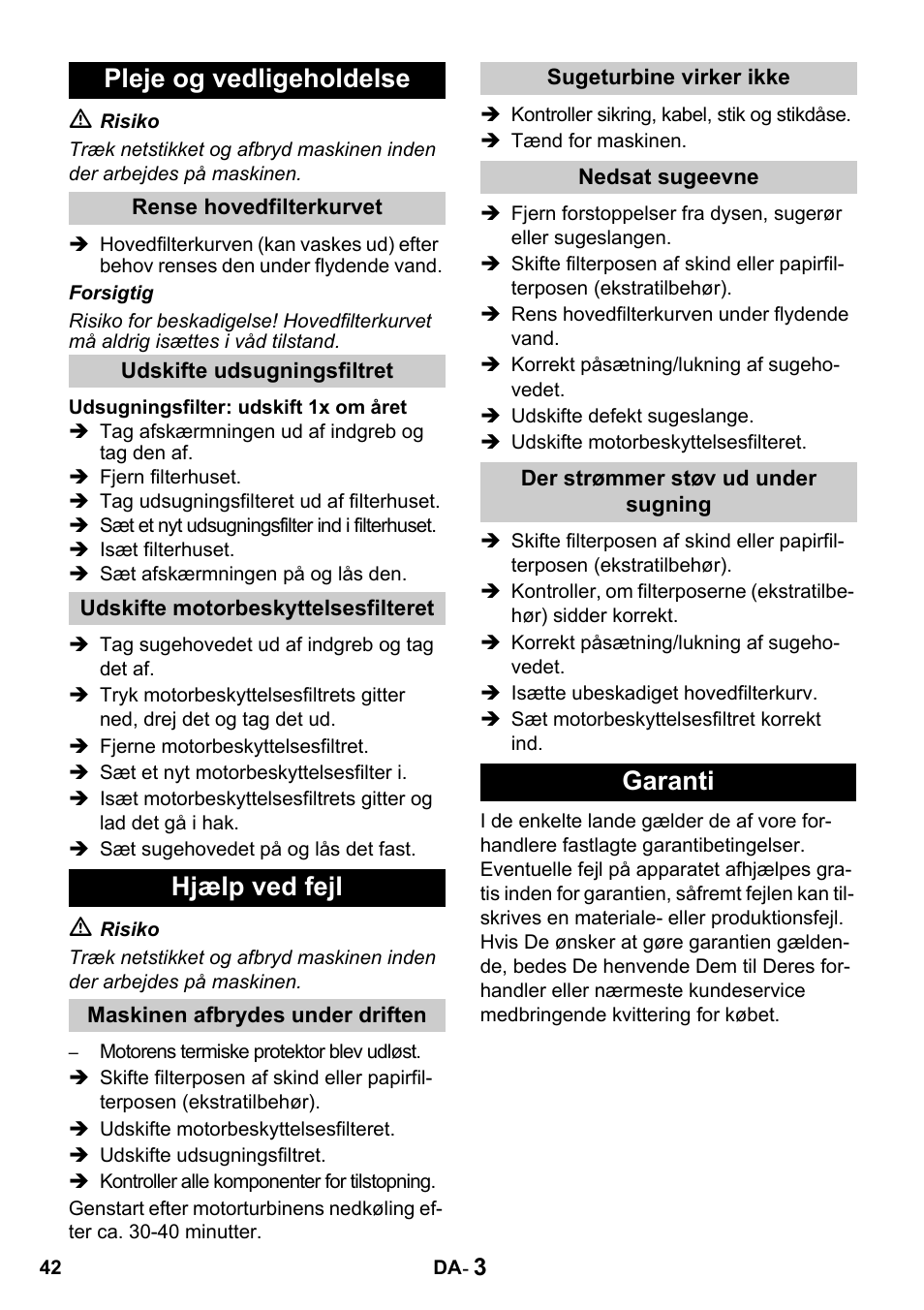 Pleje og vedligeholdelse, Hjælp ved fejl, Garanti | Karcher T 15-1 + ESB 28 Professional User Manual | Page 42 / 152